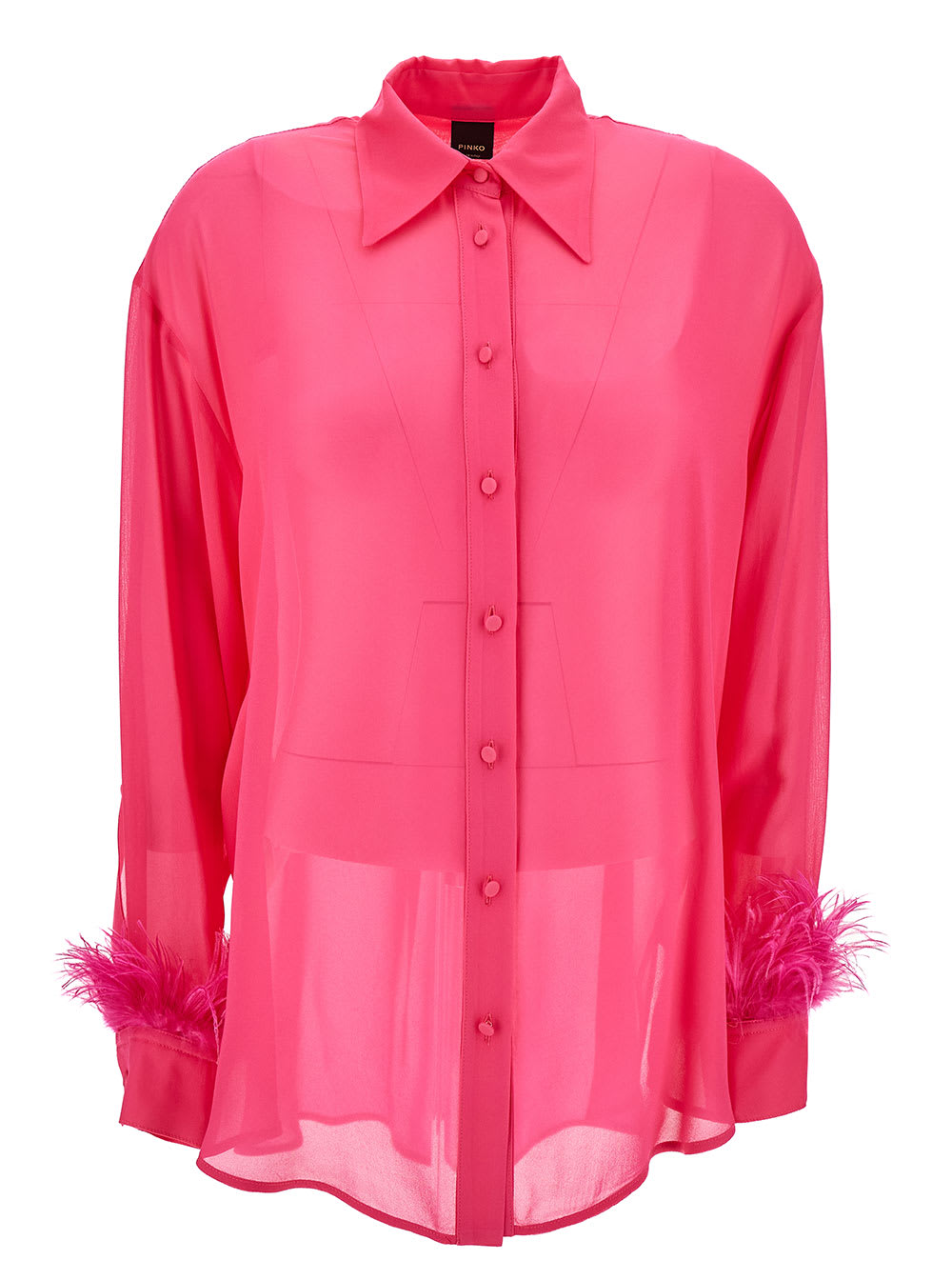 PINKO CIRCE FUCHSIA SEMI-SHEER SHIRT WITH FEATHERS ON CUFFS IN VISCOSE WOMAN