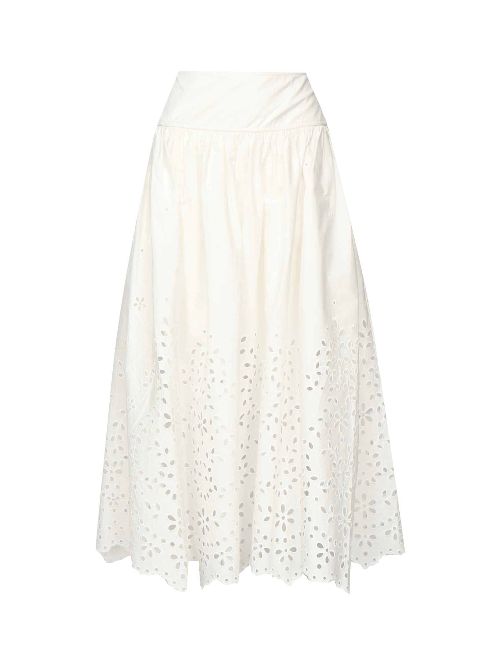 Self-portrait White Midi Skirt With Side Gathered Details And All-over Embroidery In Cotton Woman