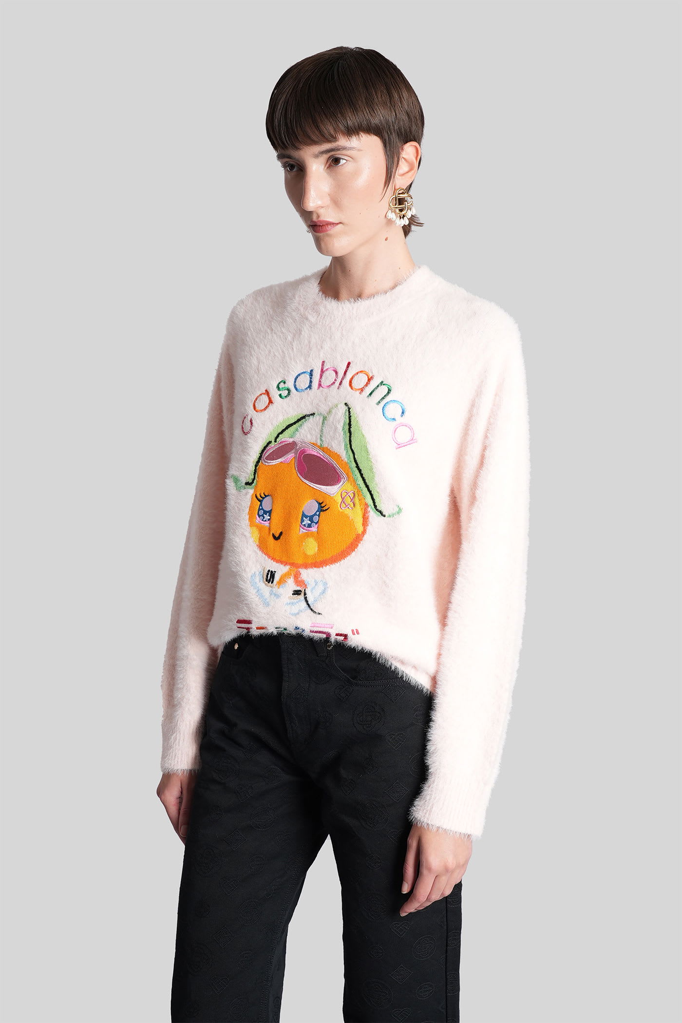 Casablanca Character Intarsia Crew Pullover Merino Kawaii Orange In Pink