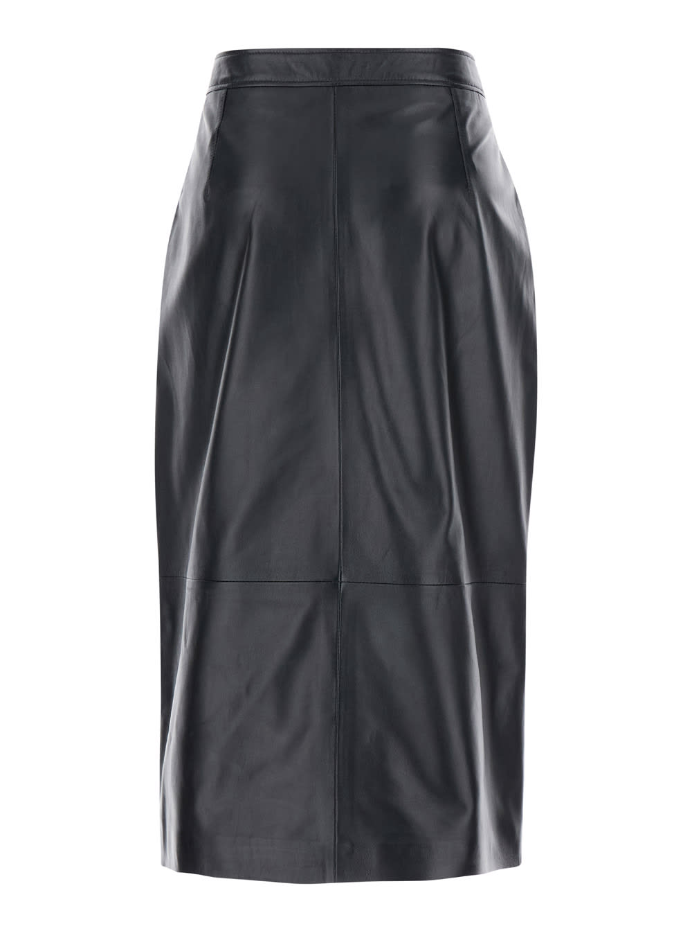 Midi Black Skirt With Front Slit In Leather Woman