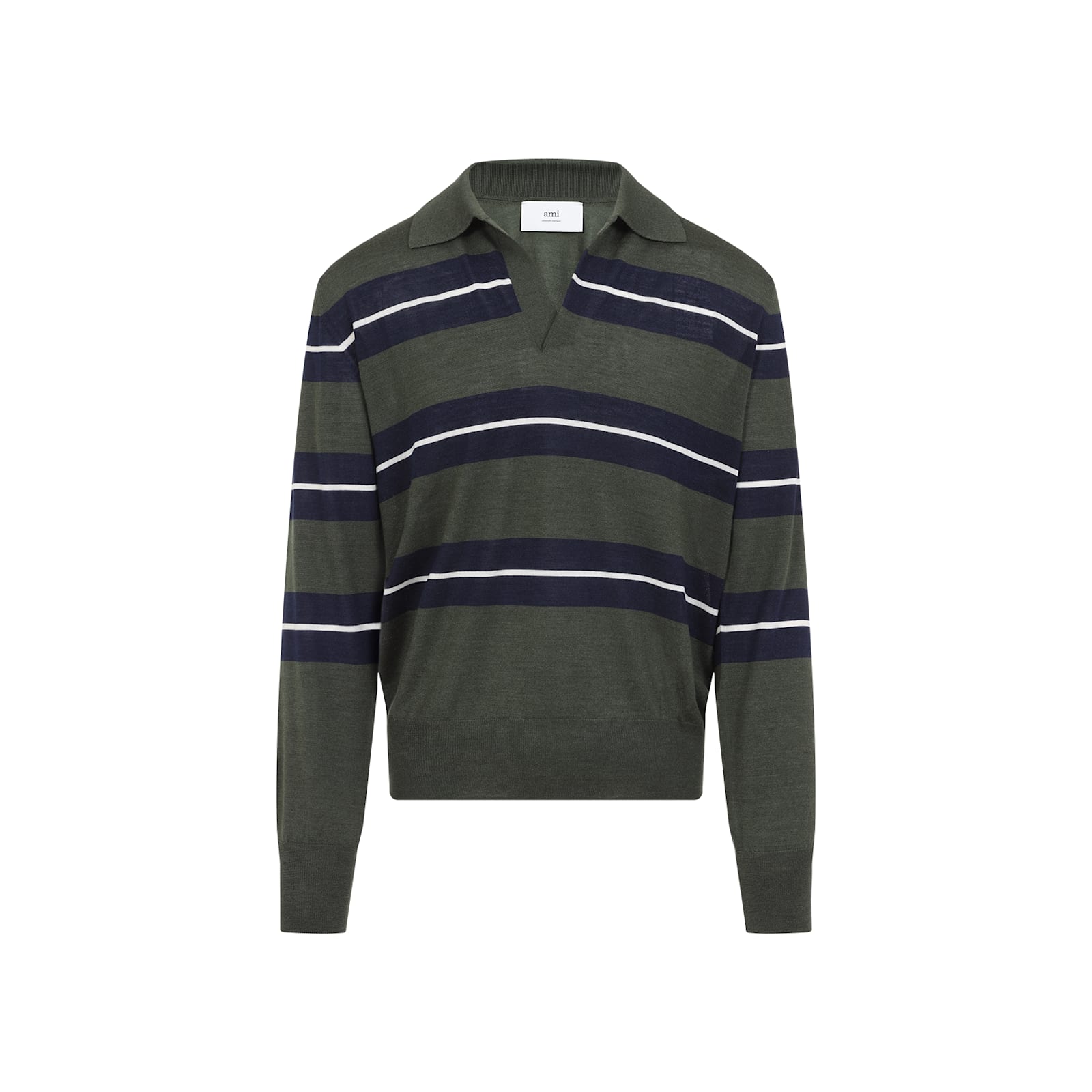 Ami Alexandre Mattiussi Ami Paris Green Polo With All-over Striped Motif And Polo-style Collar In Wool And Silk Blend Man In Loden Navy White Cream