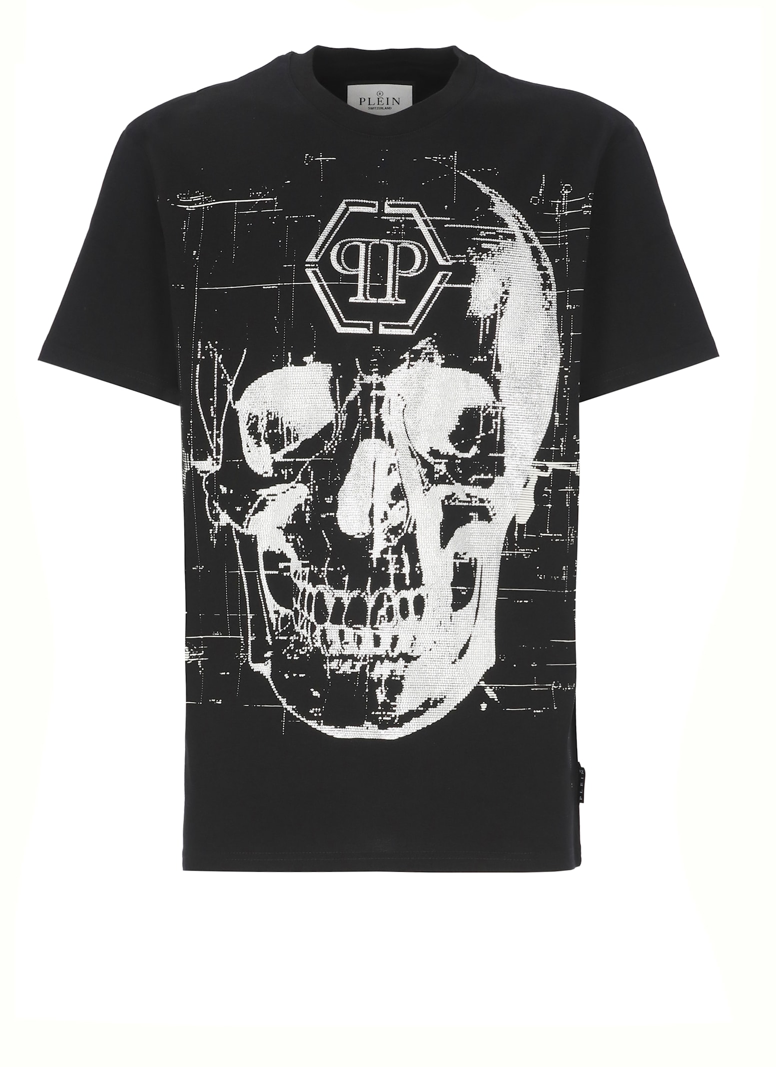 Philipp Plein Crew Neck Black T-shirt With Crystal Skull Design And Logo Patch In Black