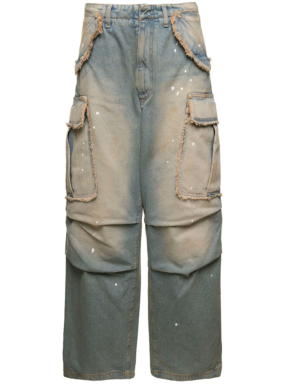 vivi Light Blue Cargo Jeans With Bleached Effect And Paint Stains In Cotton Denim Woman