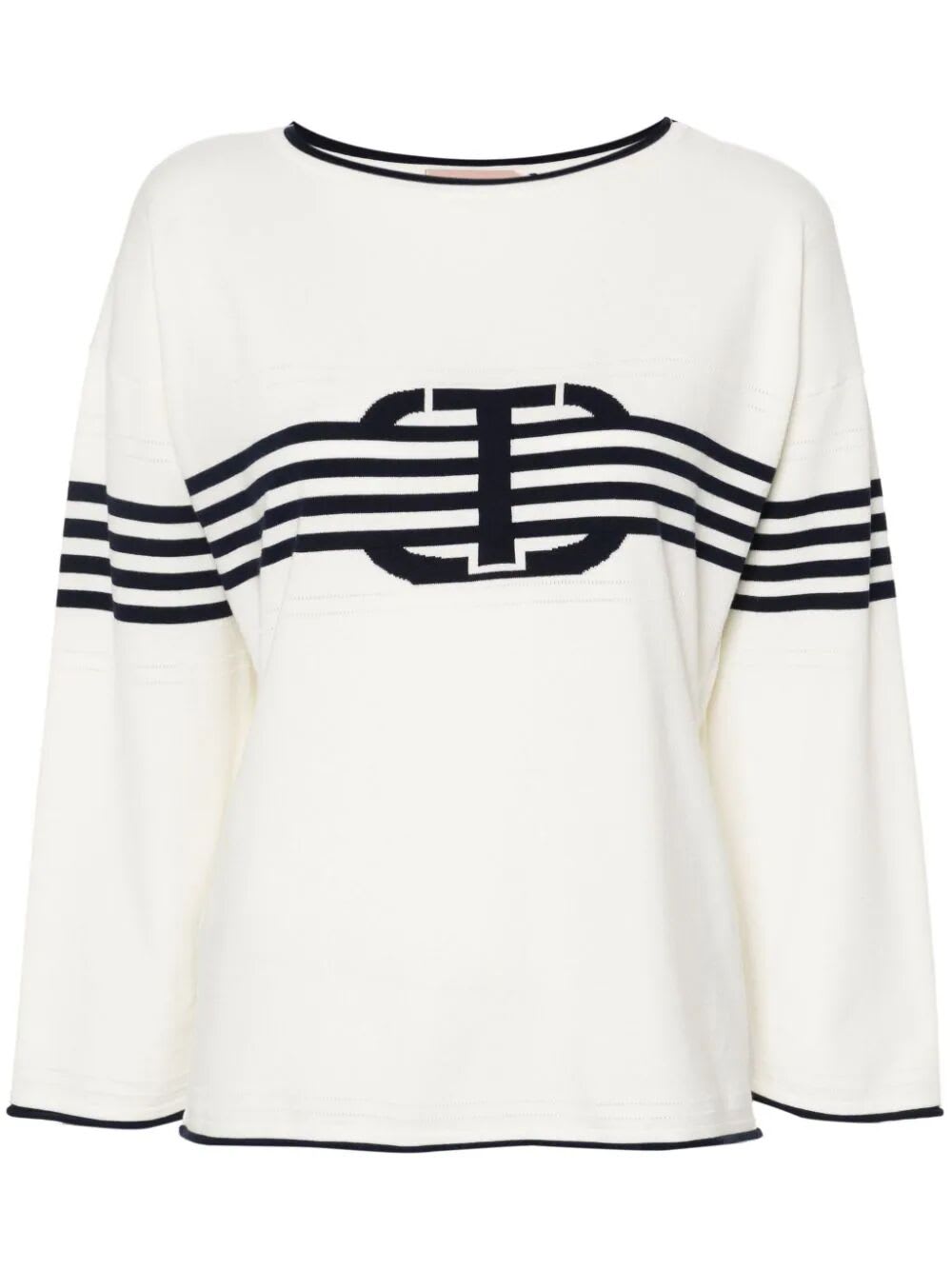 Shop Twinset Long Sleeves Boat Neck Striped Sweater With Logo In Bic Snow Mid Blue