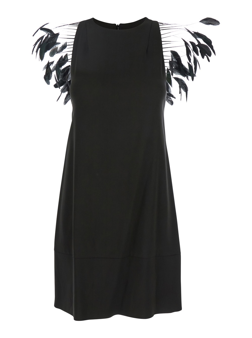 Black Dress With Round Neckline And Feather Decorations In Fabric Woman