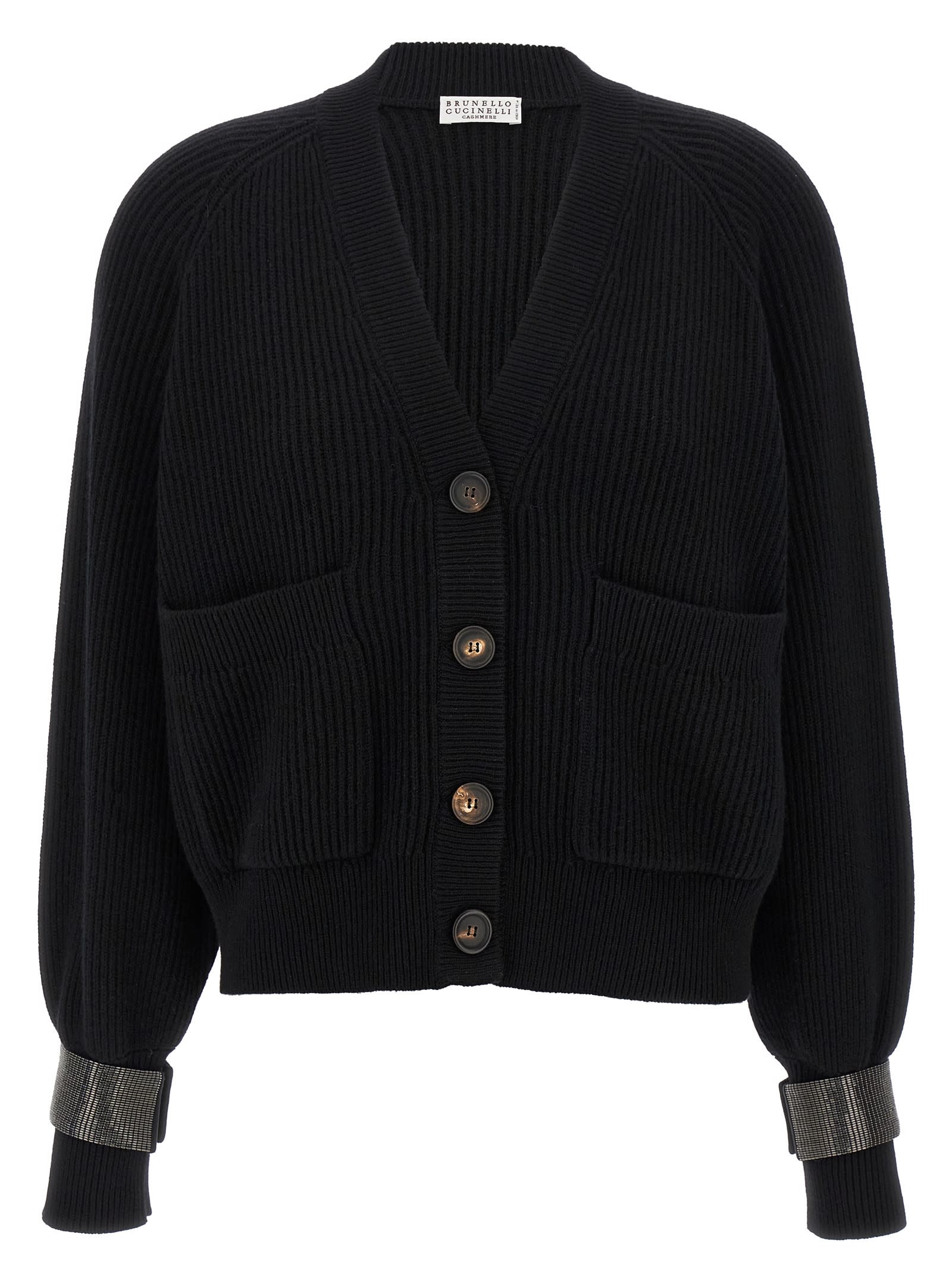 Brunello Cucinelli Ribbed Texture Cardigan With Contrasting Cuffs In Black