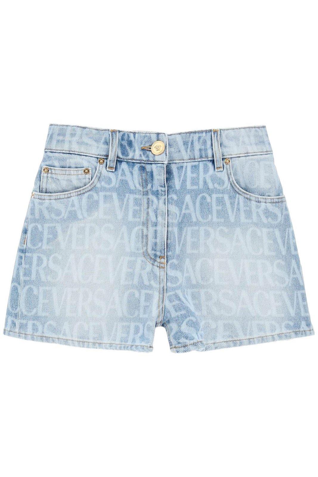 Versace Logo Denim Shorts In Azzurro
