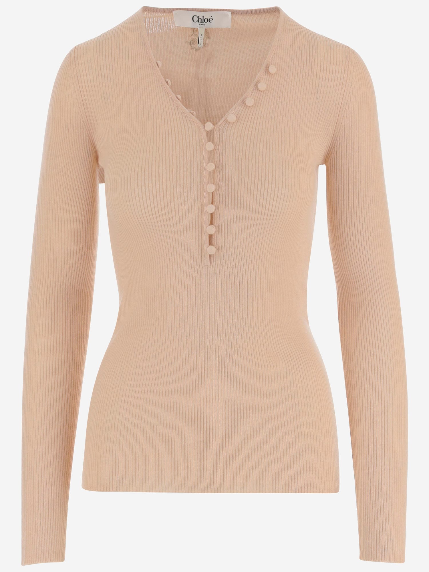 Chloé Henley Ribbed Button-front T-shirt In Brown