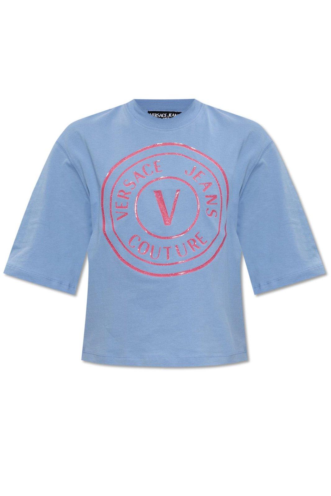 Shop Versace Jeans Couture Logo Printed Crewneck T-shirt In Blue