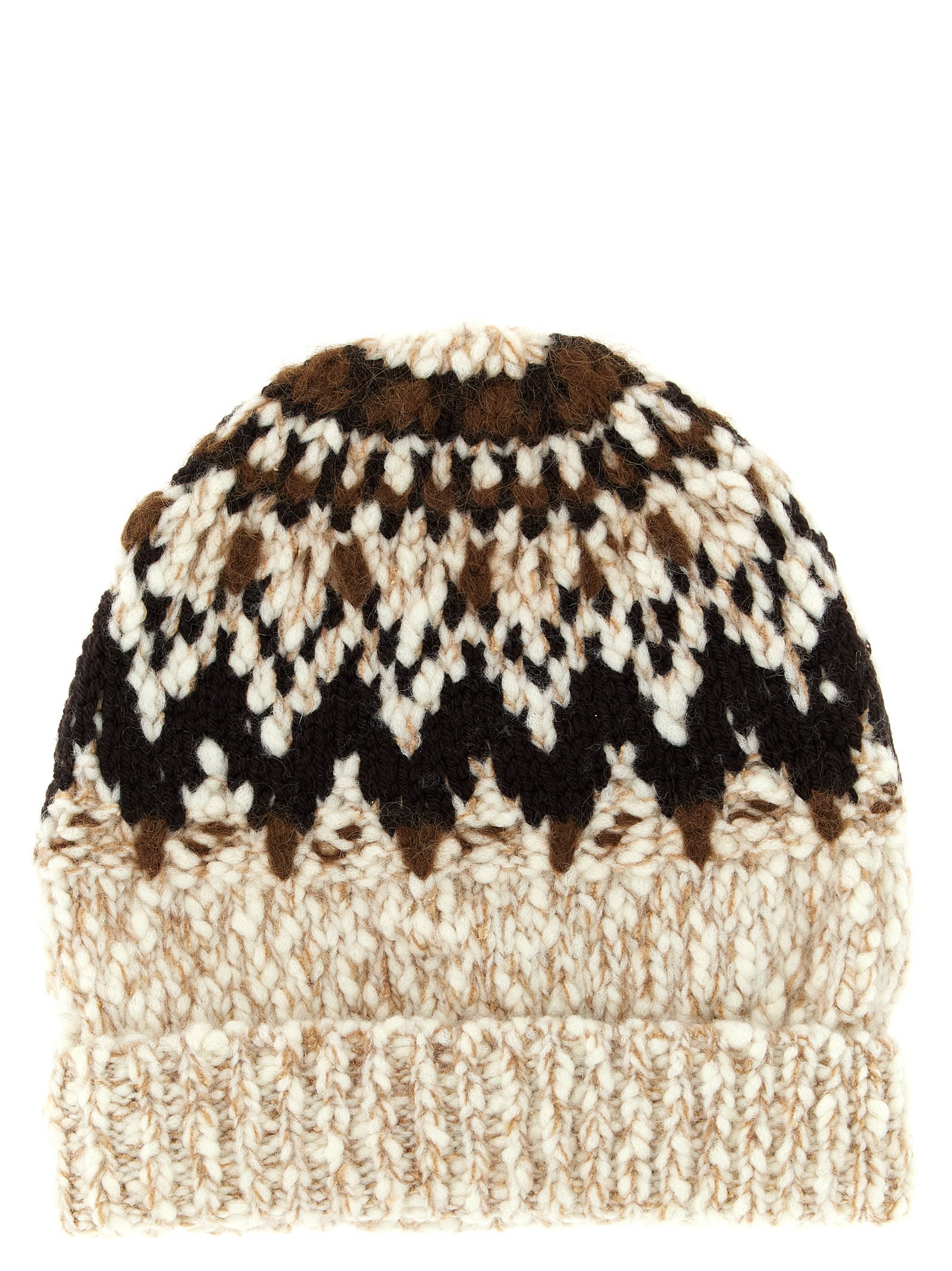 Moncler Beige Brown Geometric Pattern Beanie Hat In Multi