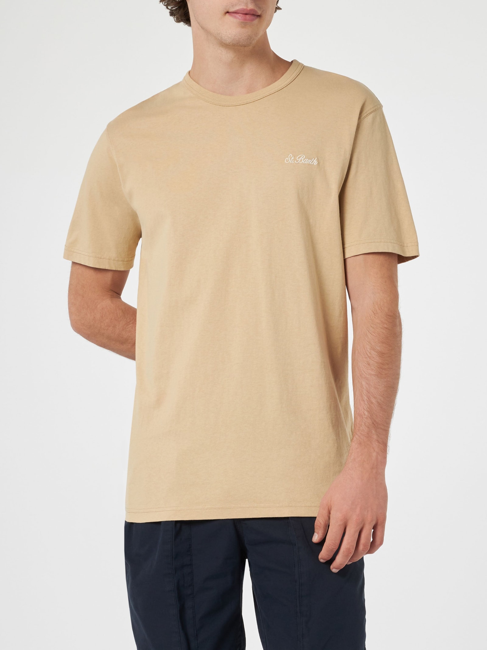 Shop Mc2 Saint Barth Man Beige Cotton Jersey T-shirt Dover With St. Barth Embroidery In White