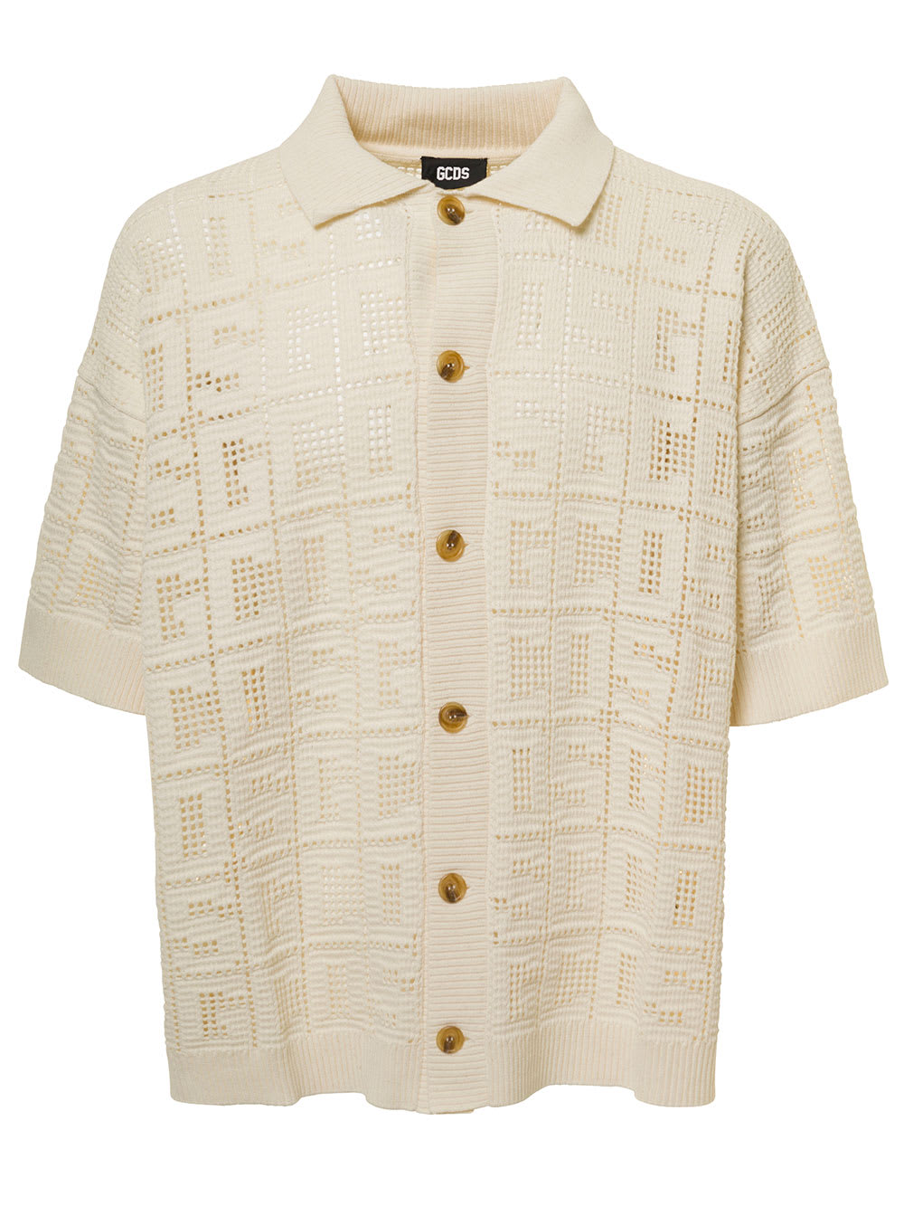 GCDS White Macramè Shirt With Monogram Logo Motif All-over In Cotton Man