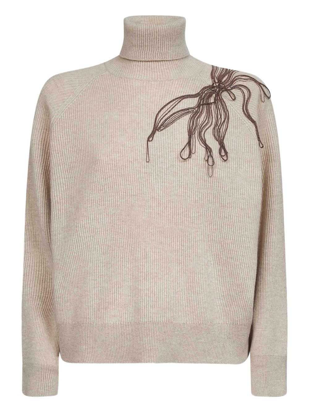 Brunello Cucinelli Cashmere Roll Neck Sweater With Embellished Detail In Neutral