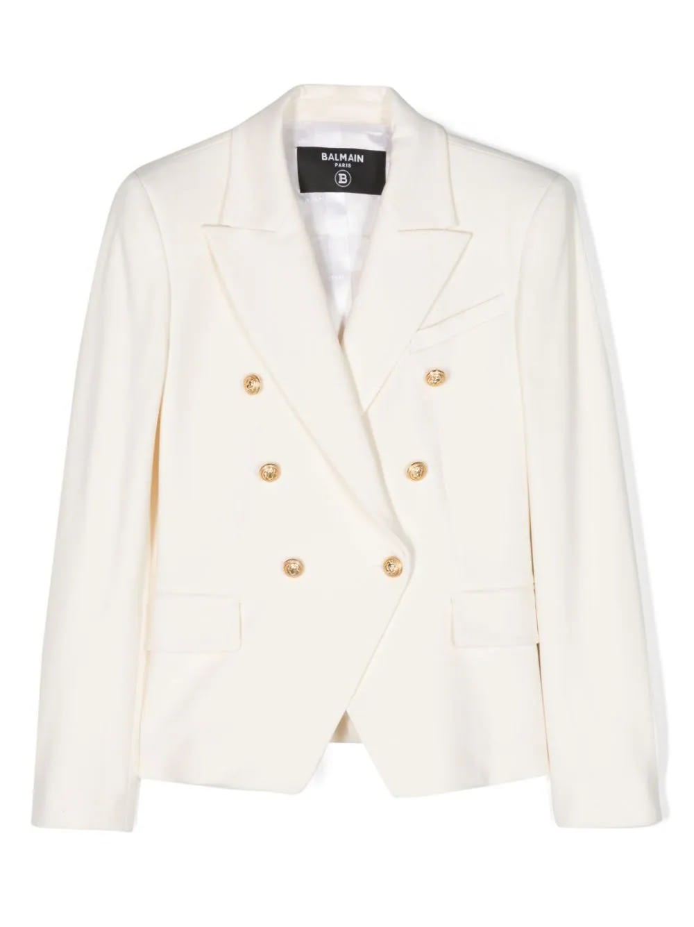 BALMAIN WHITE DOUBLE-BREASTED JACKET WITH EMBOSSED GOLD BUTTONS