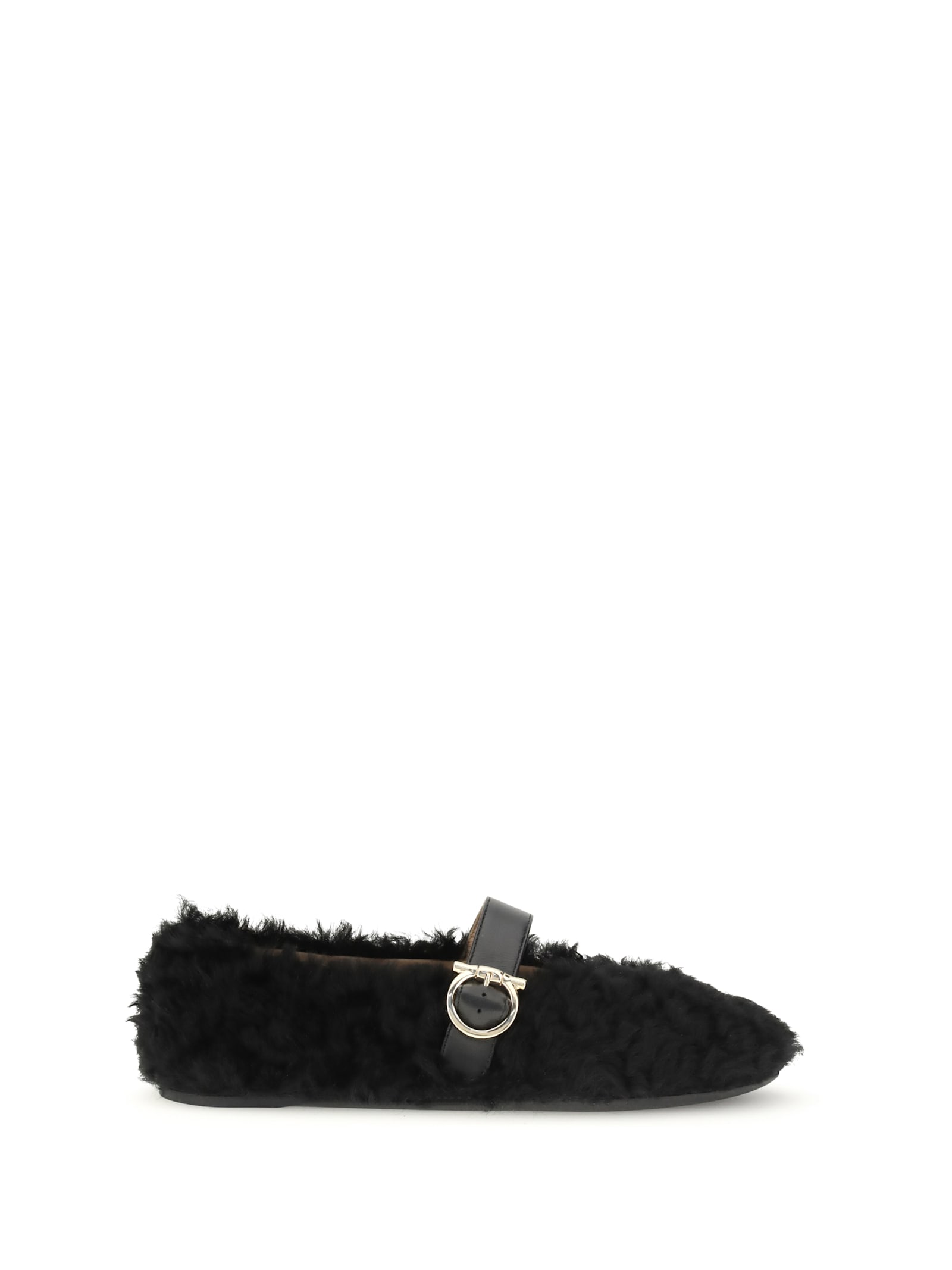 Ferragamo Black Ballerinas With Shearling Design And Buckle In Leather Woman In Black