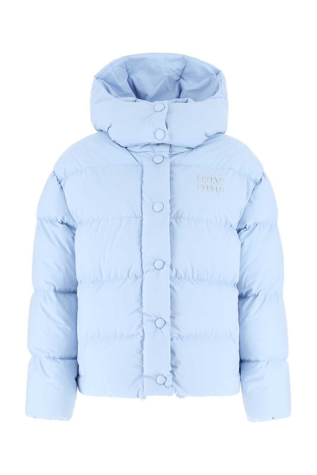 Miu Miu Technical Pongé Hooded Down Jacket In Celeste | ModeSens