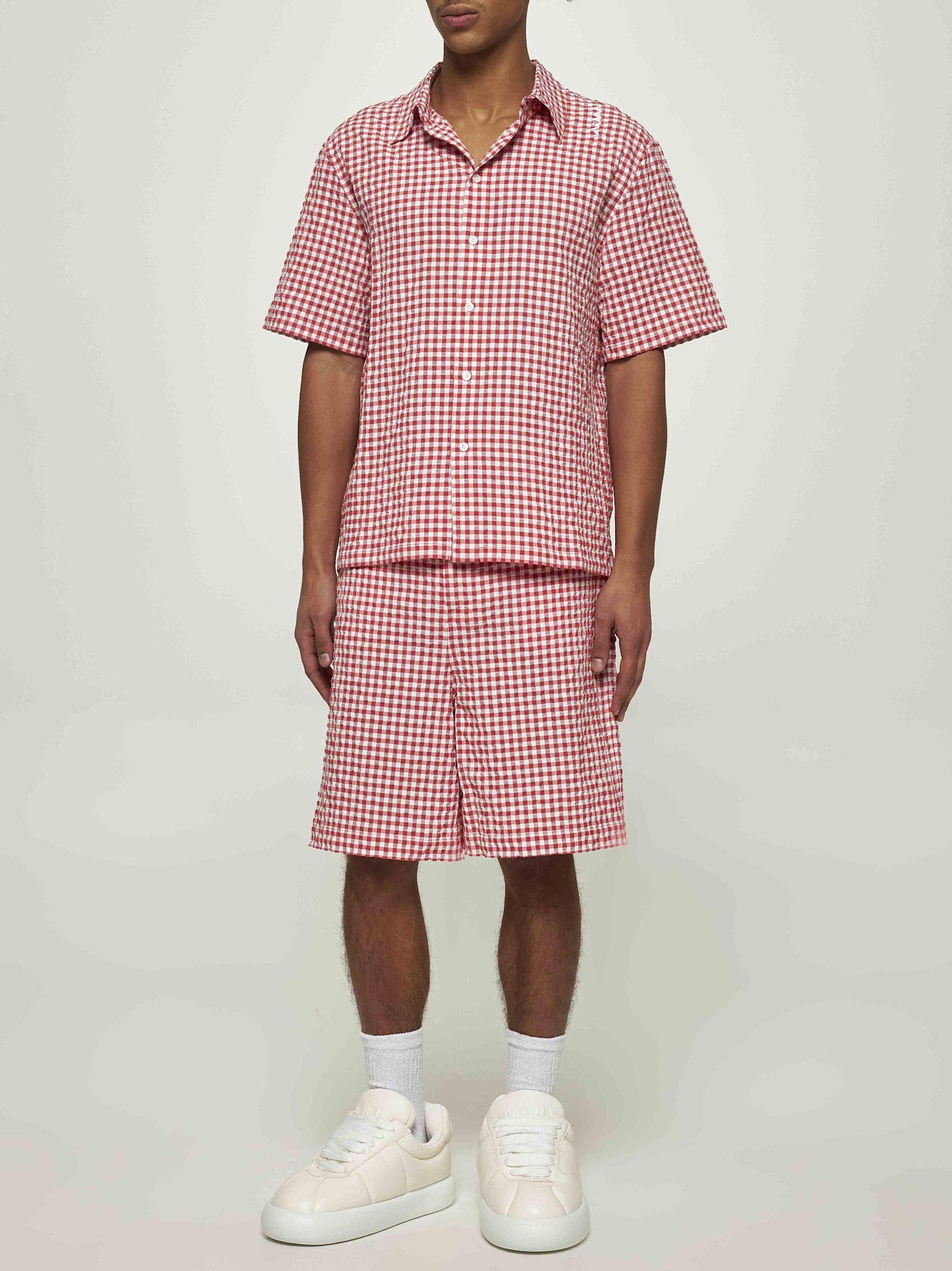 Marni Checked Seersucker Bermuda Shorts In Red