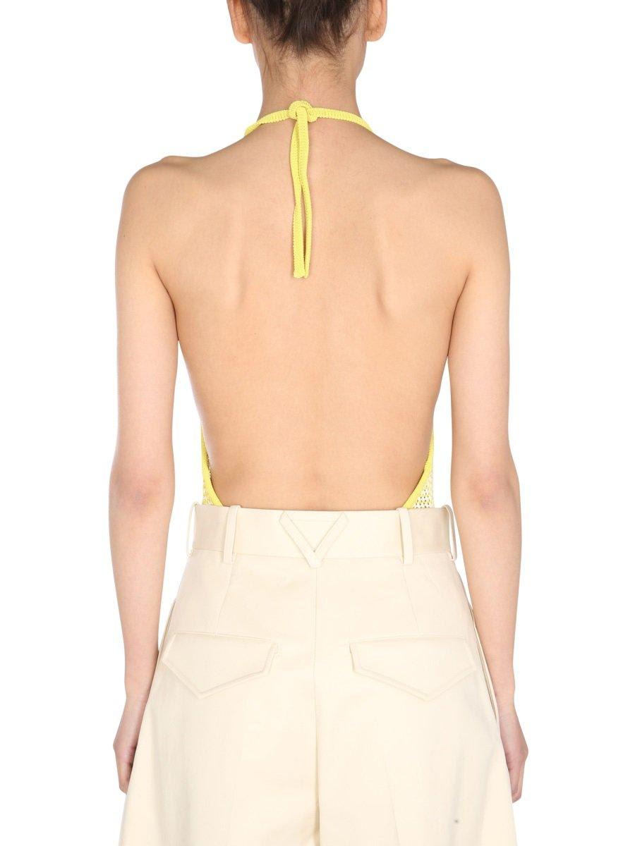 Shop Bottega Veneta Halterneck Mesh Bodysuit In Yellow