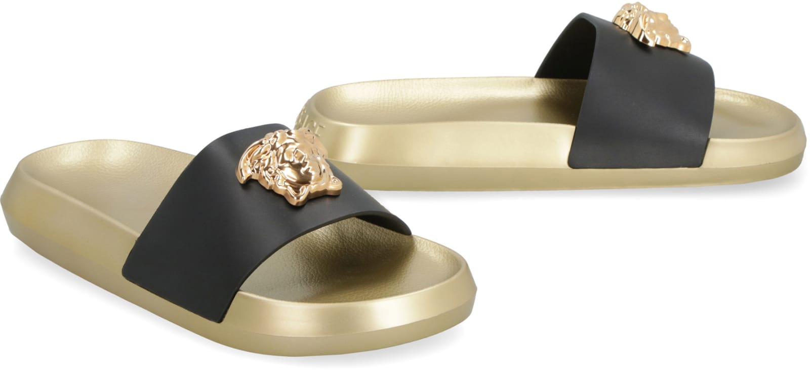 Shop Versace La Medusa Rubber And Calfskin Slides In Gold
