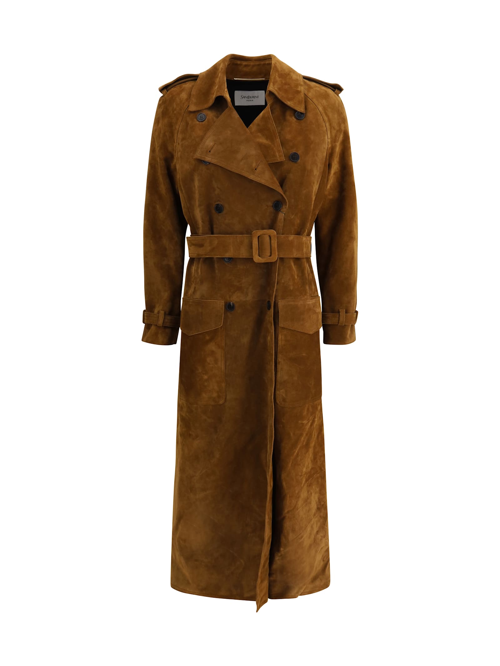 Saint Laurent Suede Trench Coat In Brown