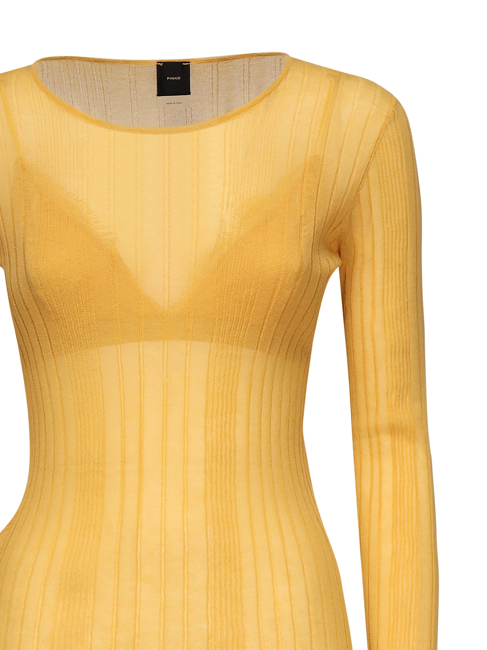 Pinko Semi-transparent Ribbed Sweater In Yellow