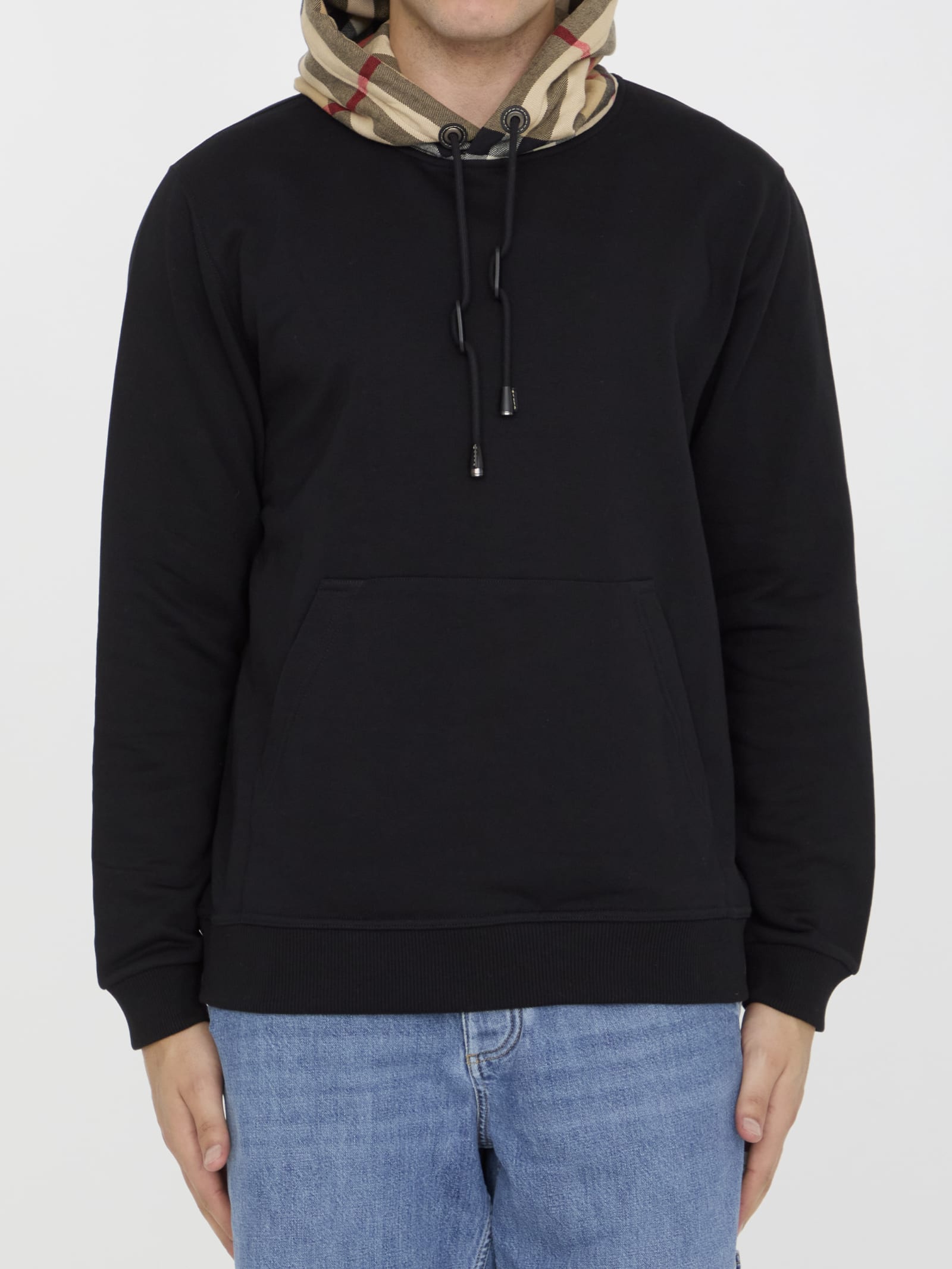 Shop Burberry Check Hood Hoodie In Black