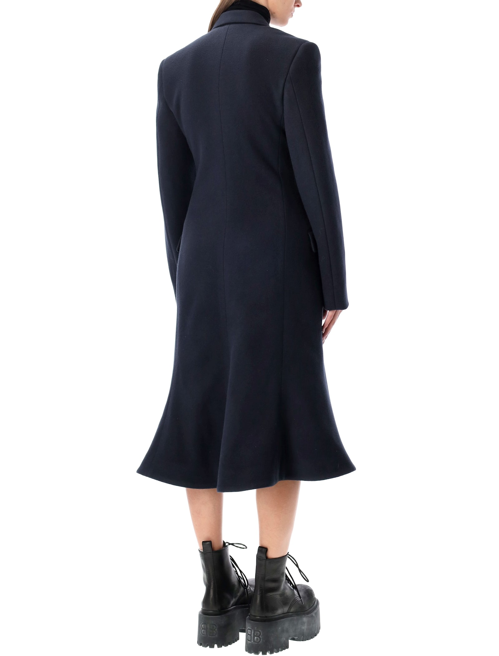 Balenciaga Navy Brushed Wool Midi Godet Coat In Blue