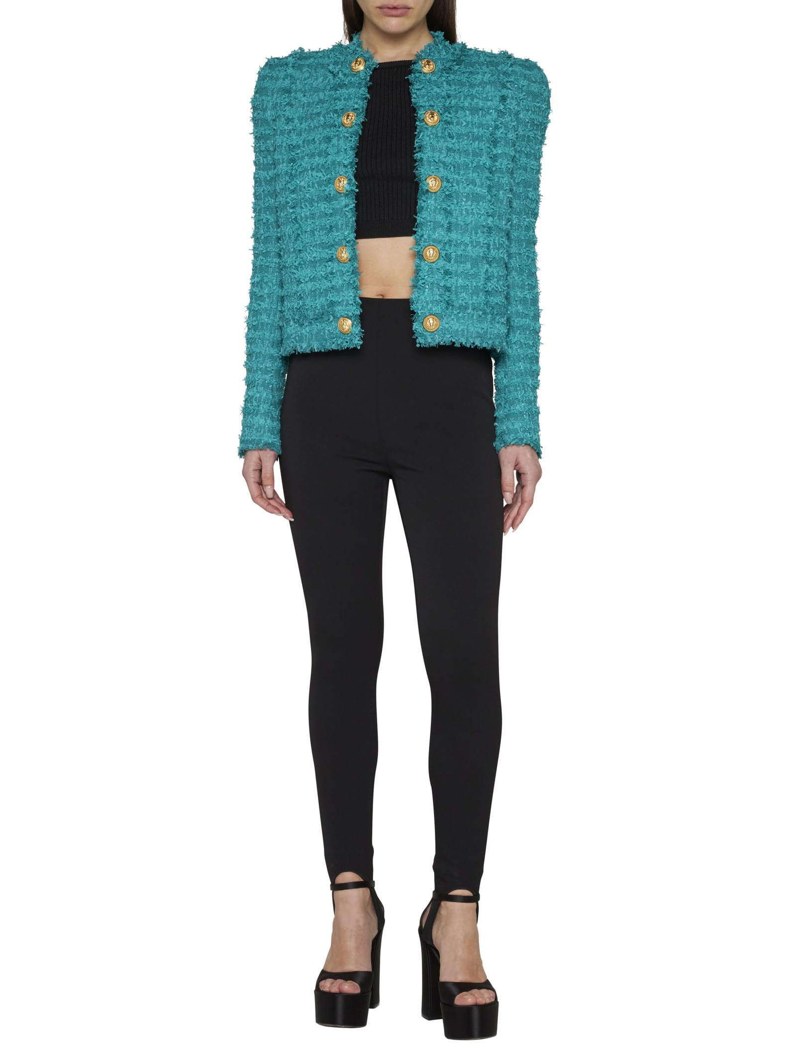 Balmain Fringed Cotton-blend Tweed Jacket In Green