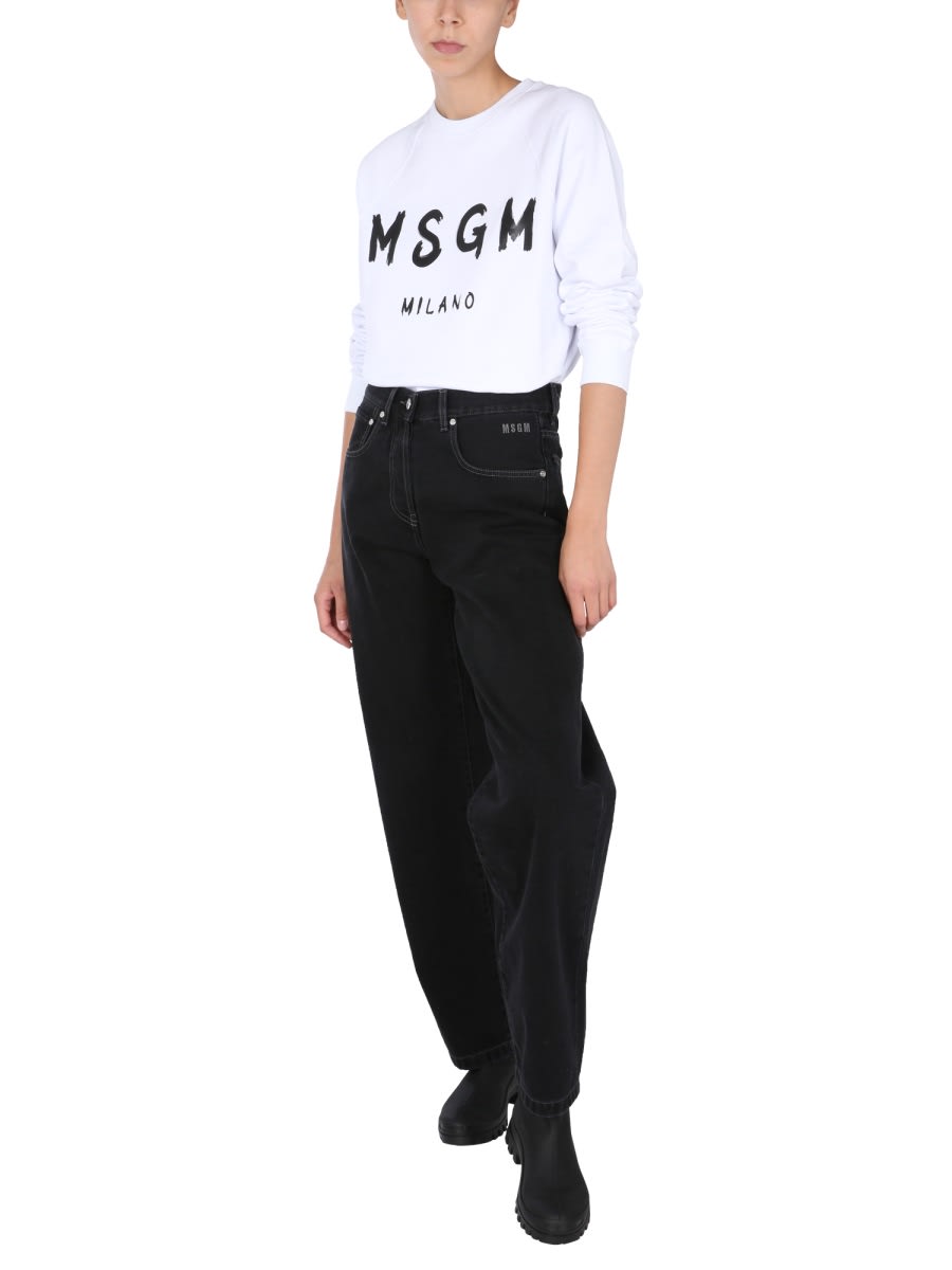 Msgm Brushed Logo Print Crew Neck Sweatshirt In White