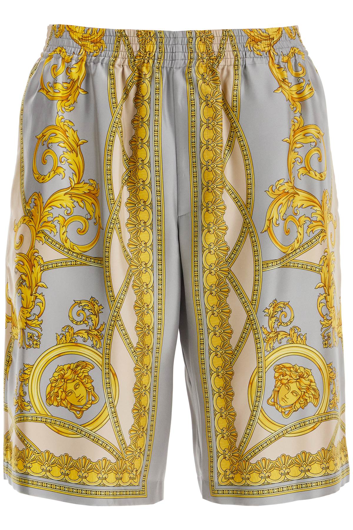 Shop Versace Silk Bermuda Shorts Cup Of In Concrete+mid Bone+gold (grey)