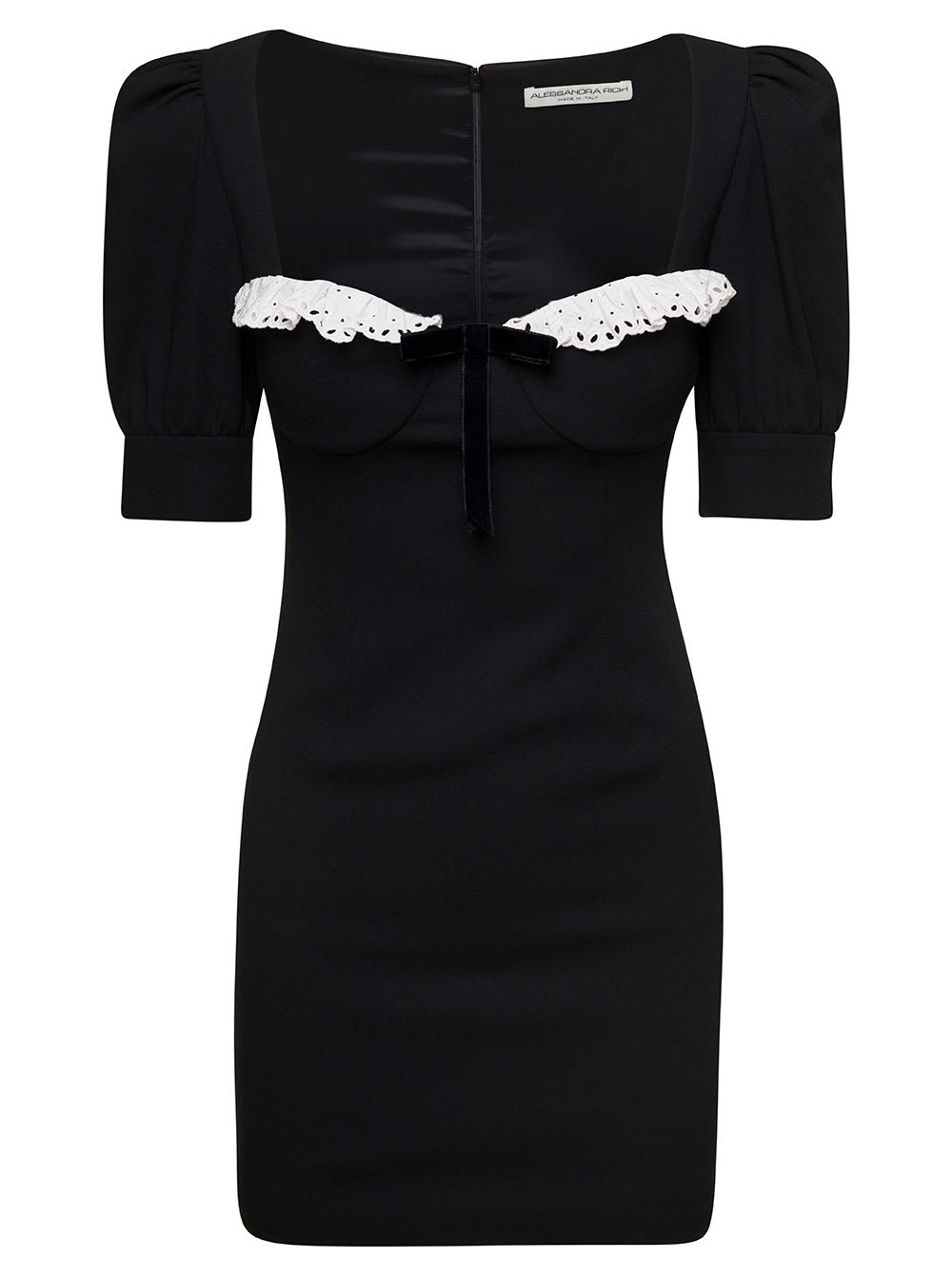 Shop Alessandra Rich Black Mini Dress With Lace Detail On The Front In Wool Woman