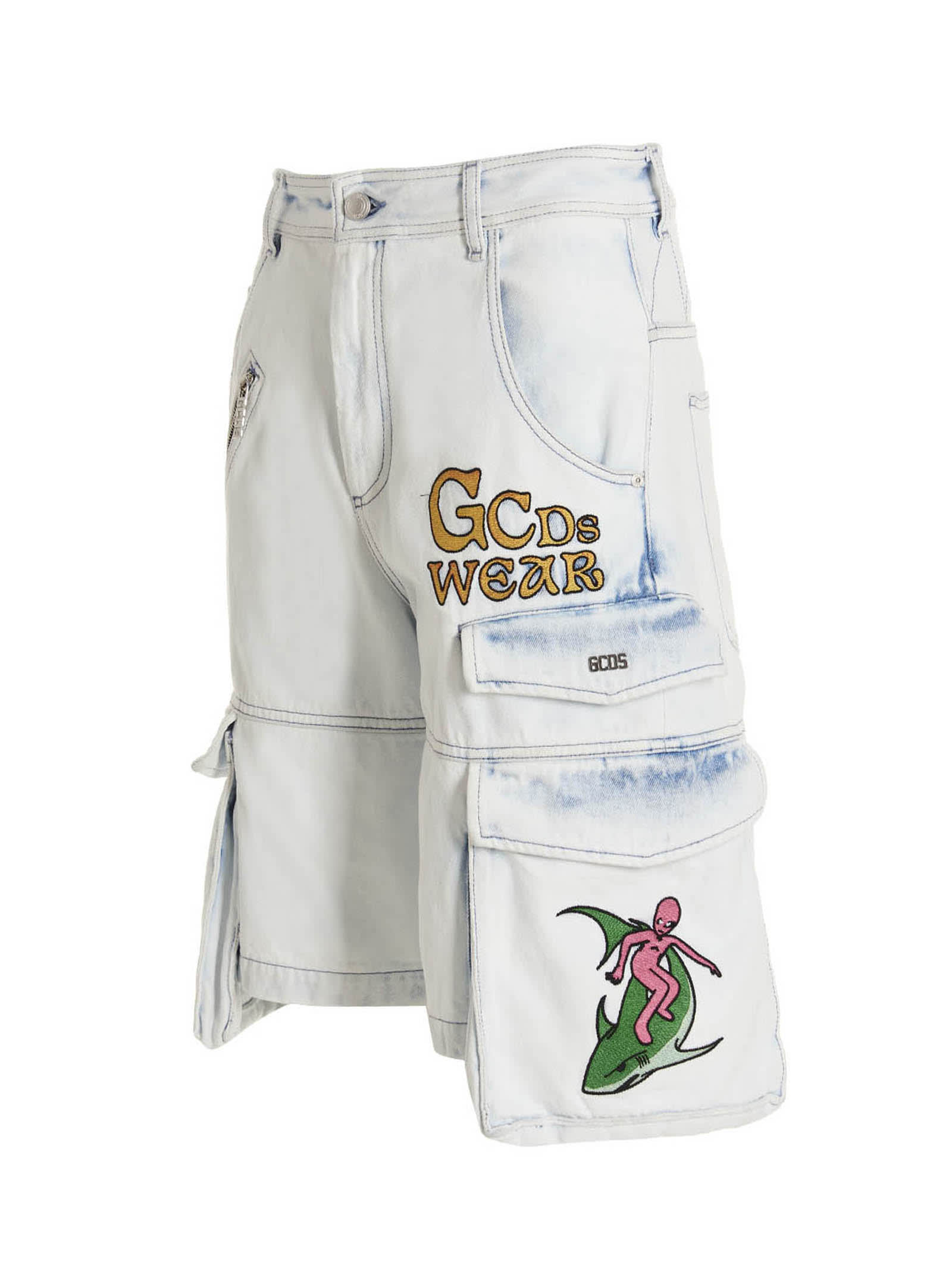 Shop Gcds Bleached Embroidered Ultracargo Bermuda Shorts In Light Blue