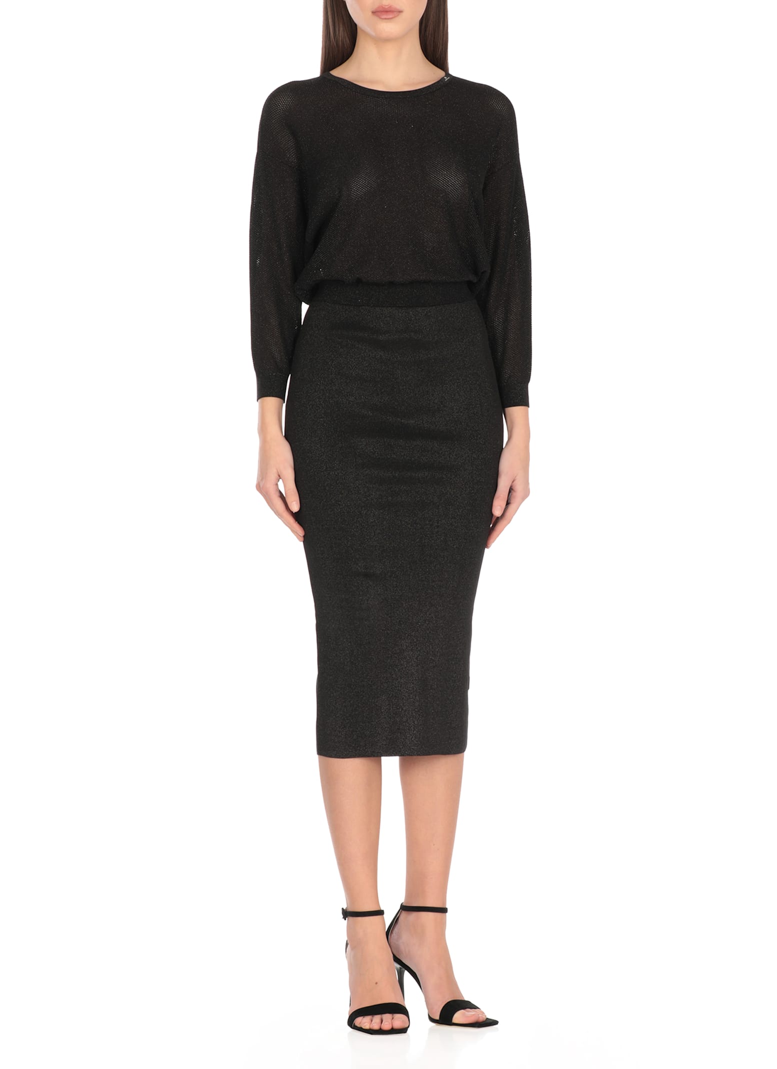 Elisabetta Franchi Black Viscose Midi Dress With Perforated Detailing