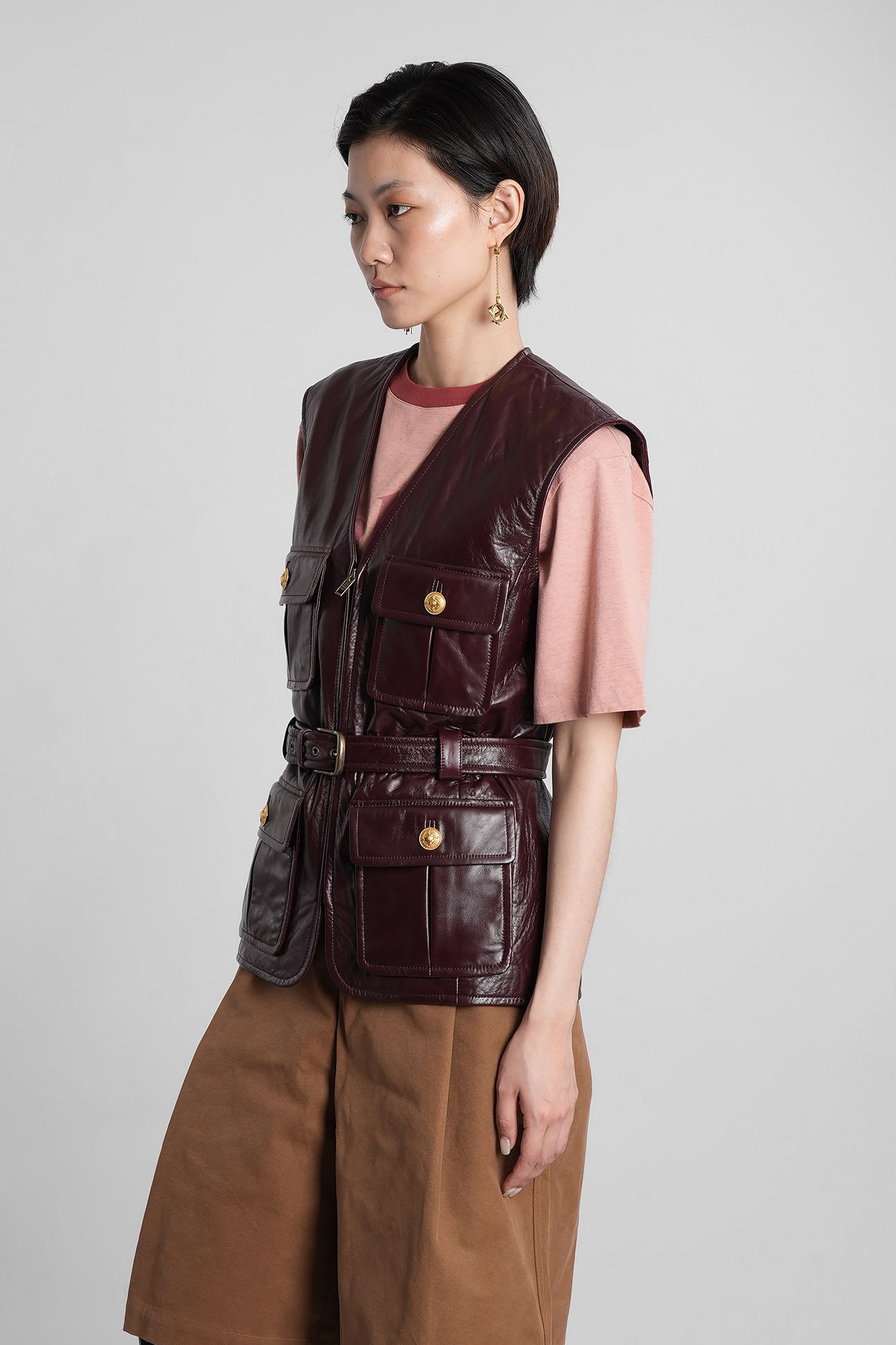 Chloé Leather Belted Waist Sleeveless Jacket In Brown