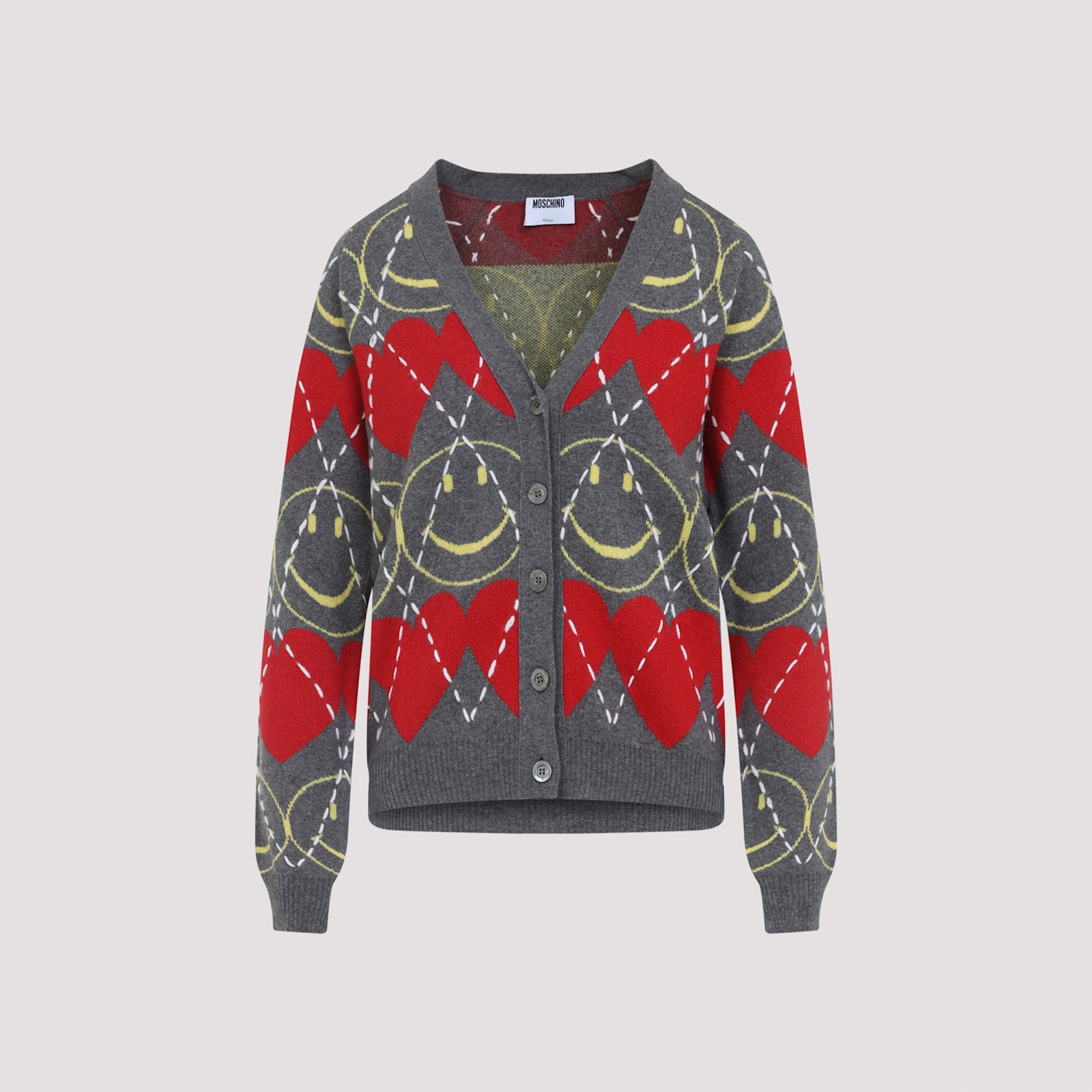 Moschino Jacquard Smile Wool Blend Cardigan