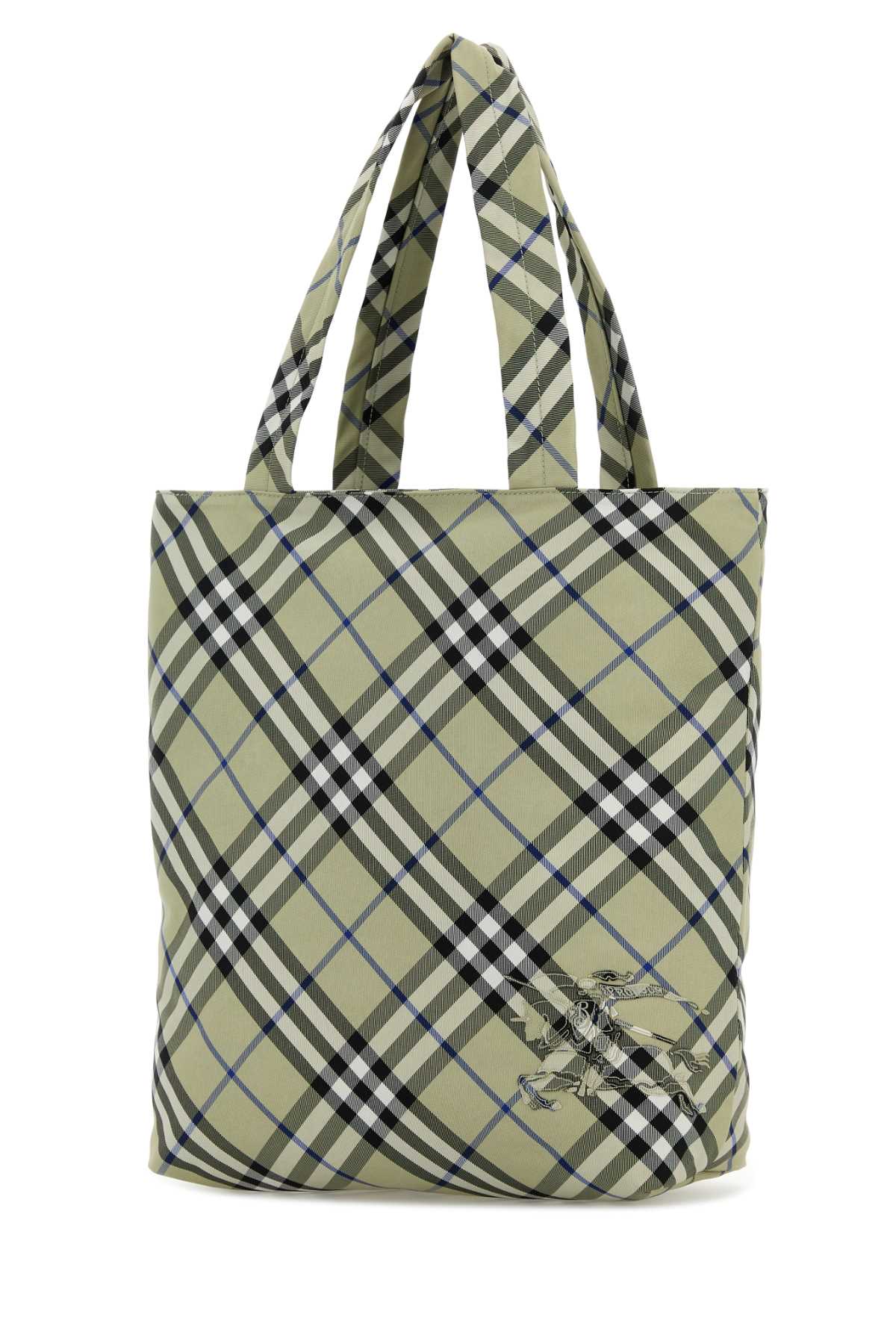 Shop Burberry Embroidered Canvas Check Shopping Bag In Lichen