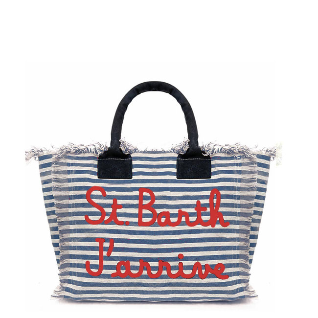 MC2 Saint Barth Blue Striped Small Beach Bag St. Barth Jarrive Embroidery