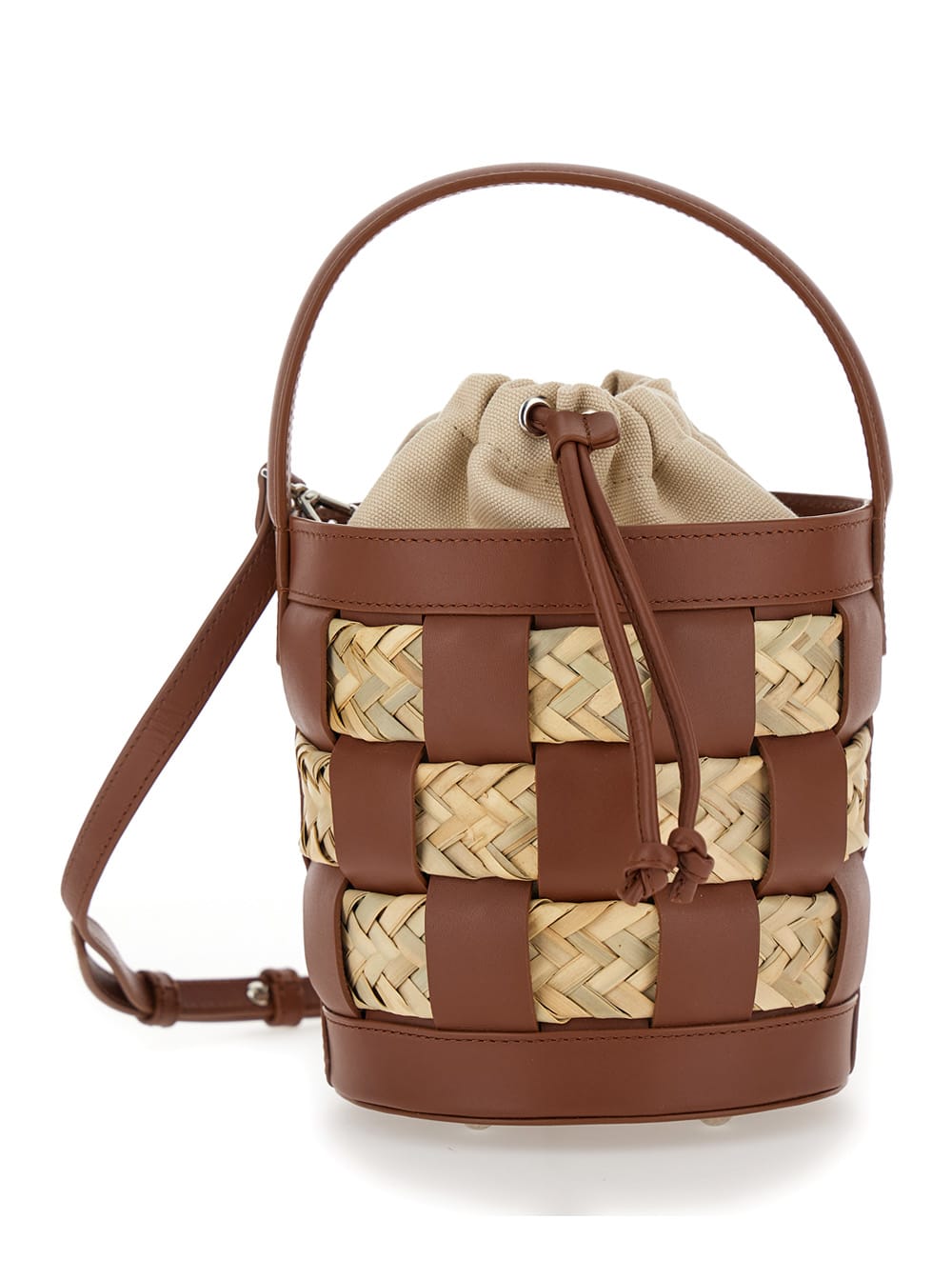 galleda Brown And Beige Bucket Bag With Drawstring In Rafia And Leather Woman