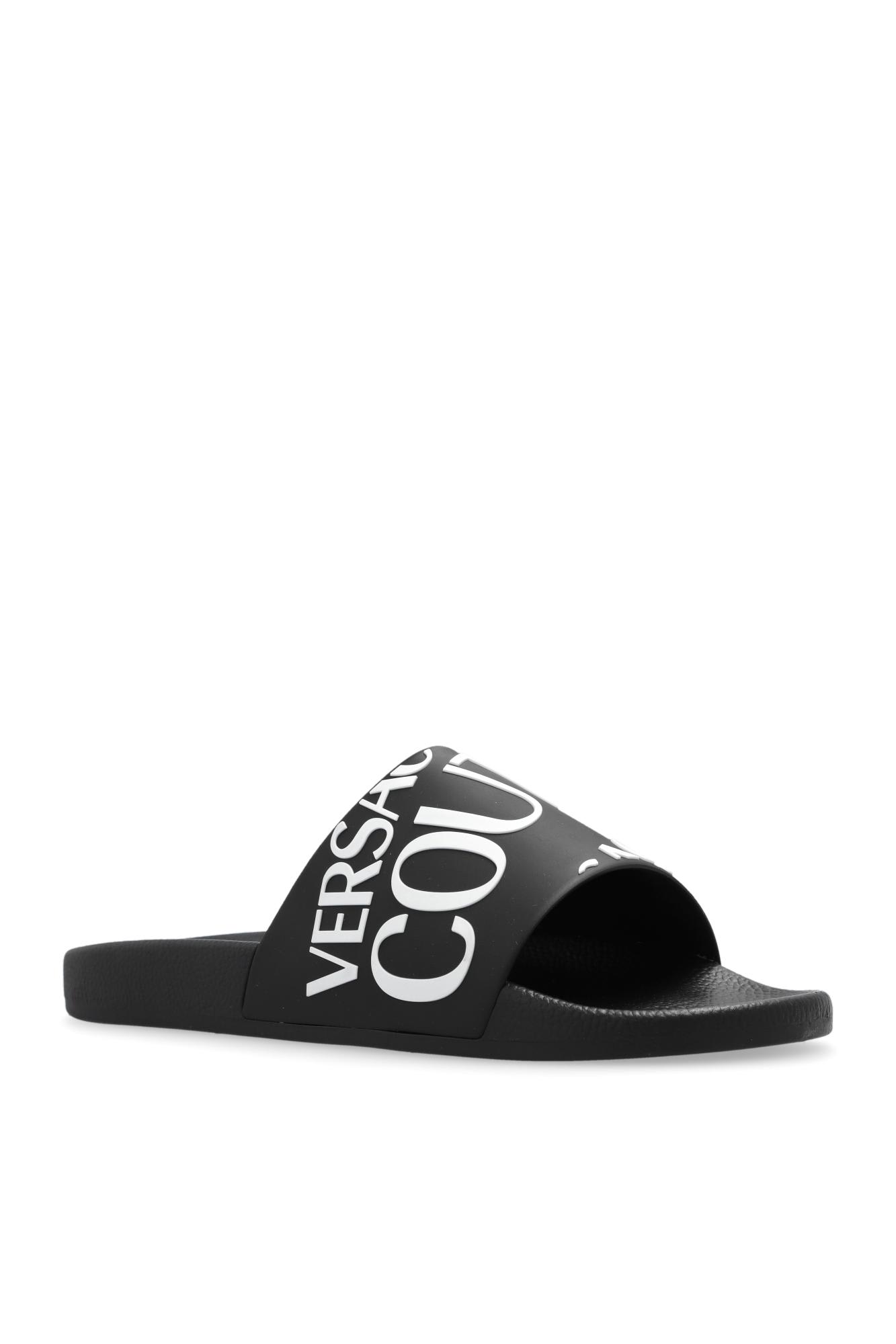 Versace Jeans Couture Logo-embossed Moulded-footbed Slides In Black