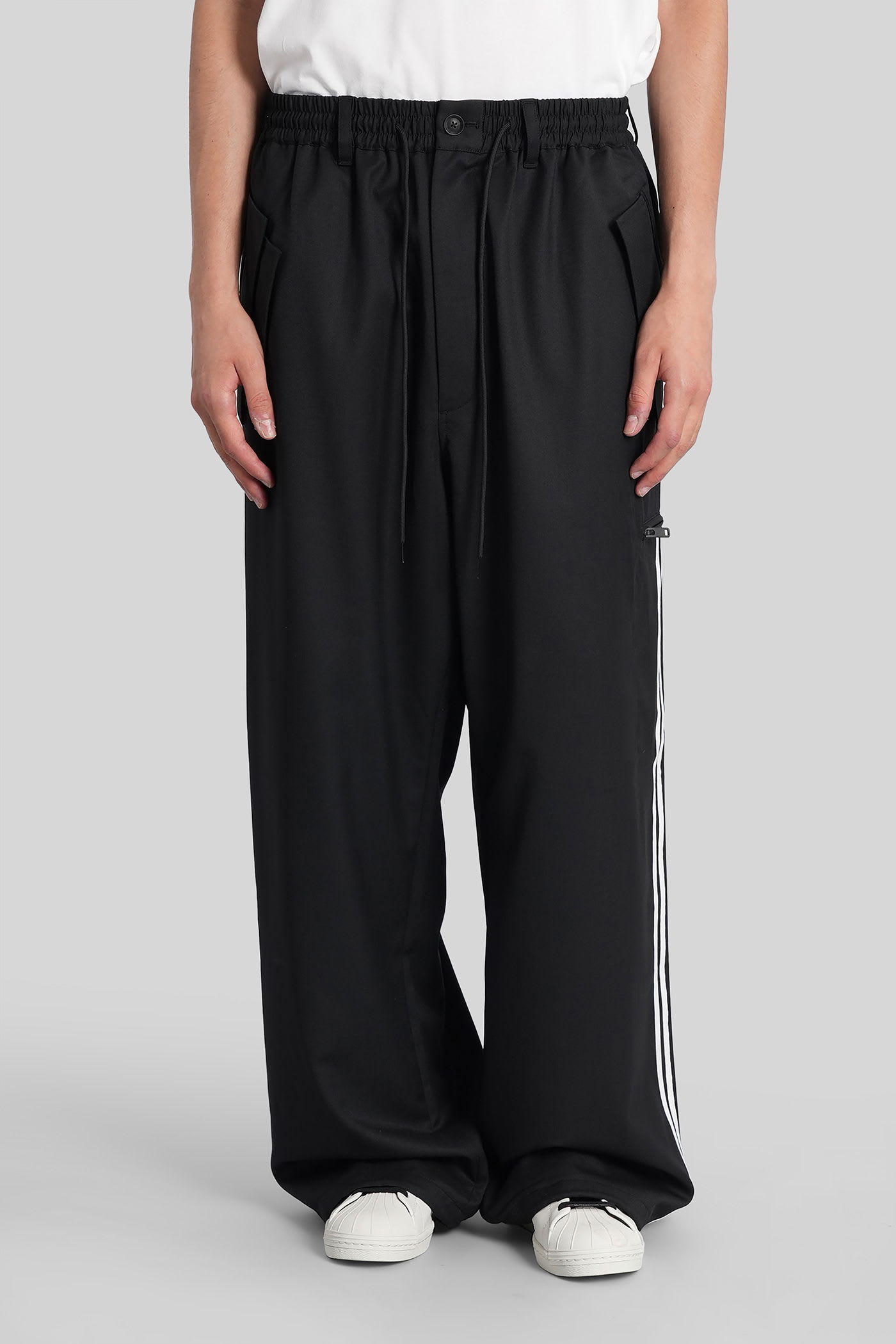 Y-3 Loose Black Jogger Pants With Adjustable Drawstring And Striped Details In Black