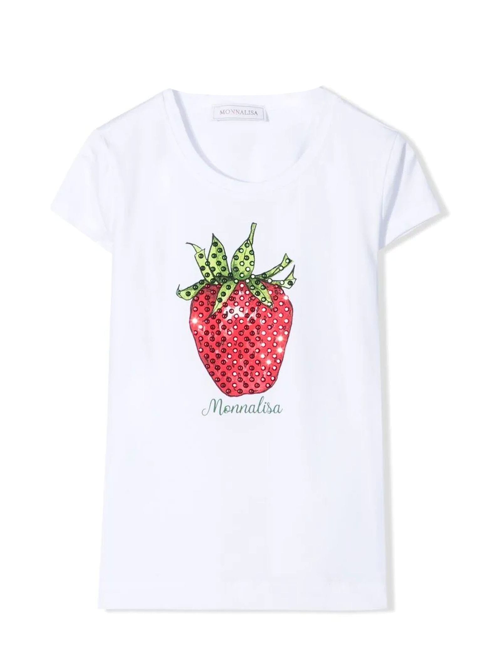 Monnalisa Kids' White Stretch-cotton T-shirt In Bianco+rosso