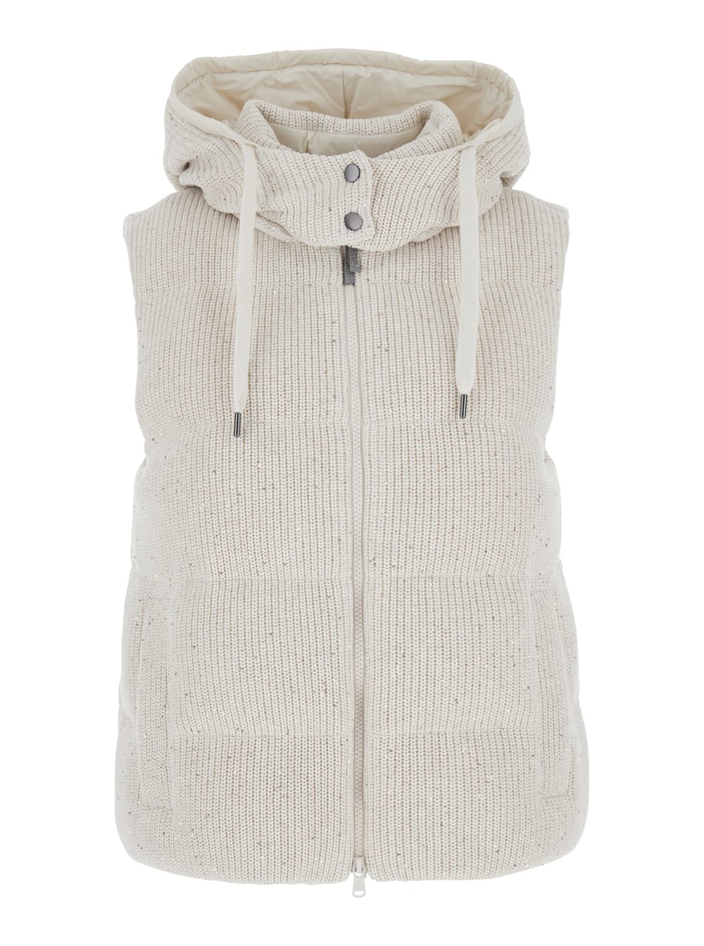 White Knitted Vest With Hood In Wool Blend Woman