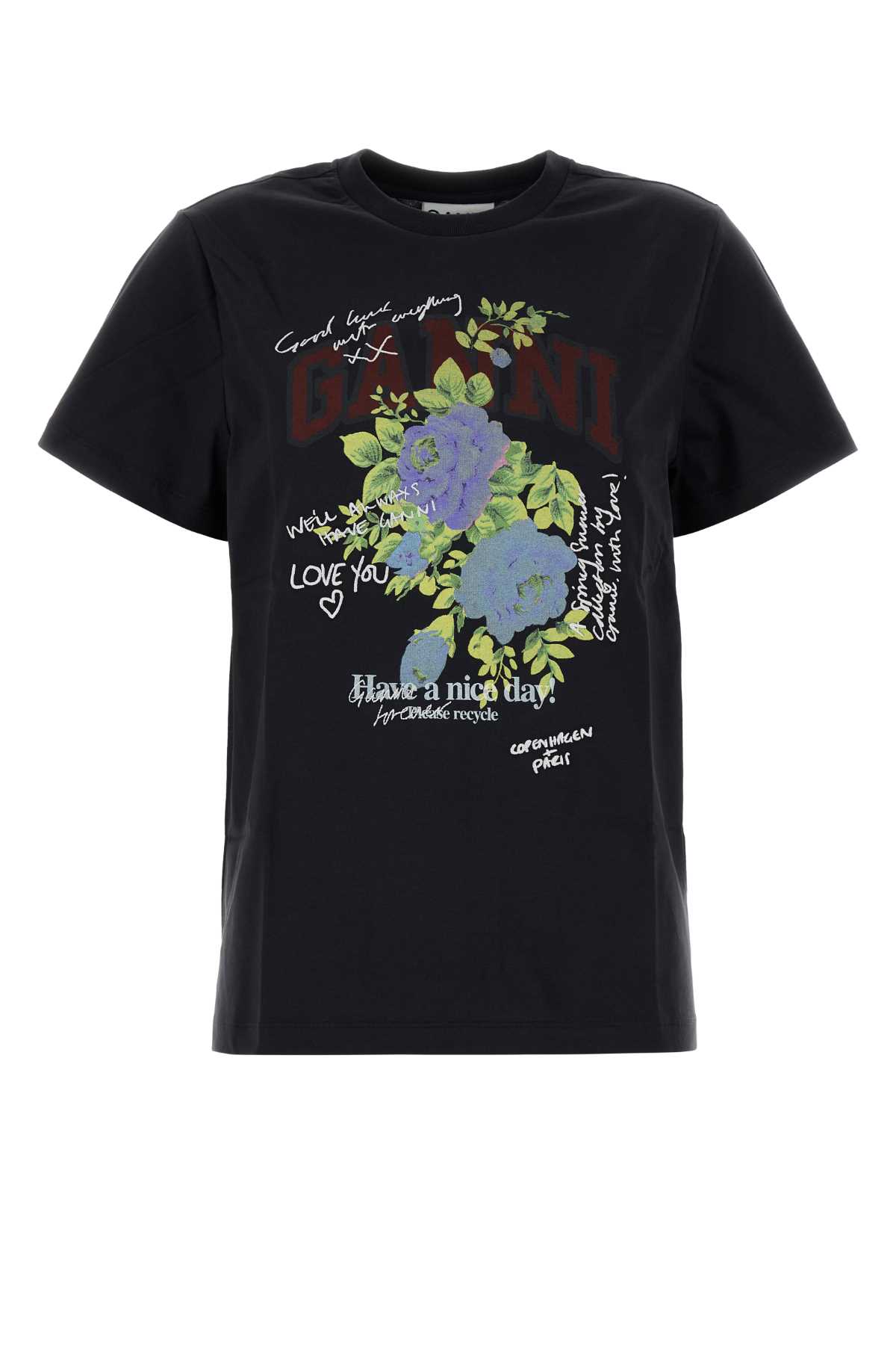 Ganni Graphic Print Crew Neck Short Sleeve Top In Black