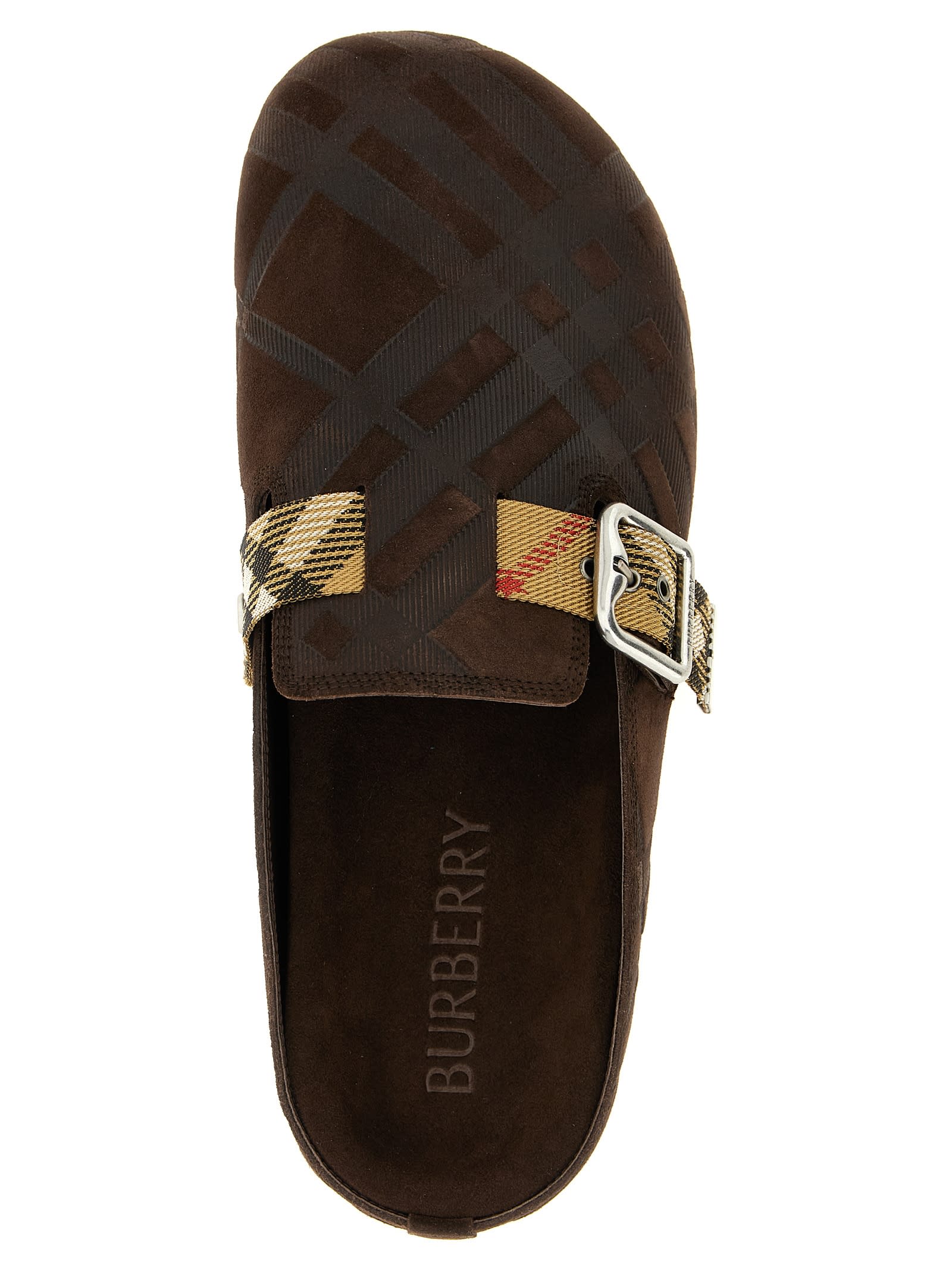 Burberry Strap Patterned Round Toe Rubber Sole Slip-on In Brown