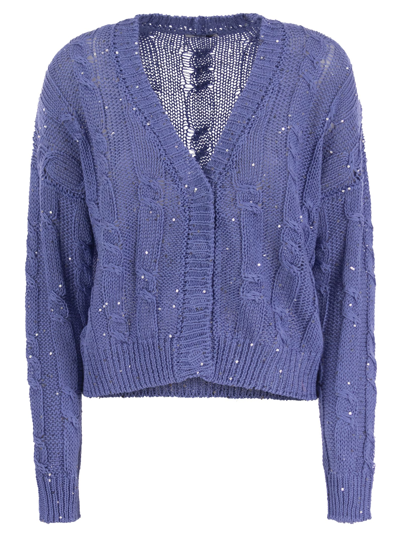 Shop Peserico Ribbed Cardigan With Sequins In Blue