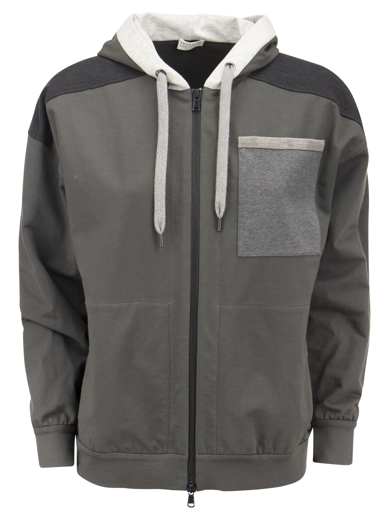 Brunello Cucinelli Paneled Topwear In Light Stretch Cotton Fleece With Hood And shiny Patch Pocket.