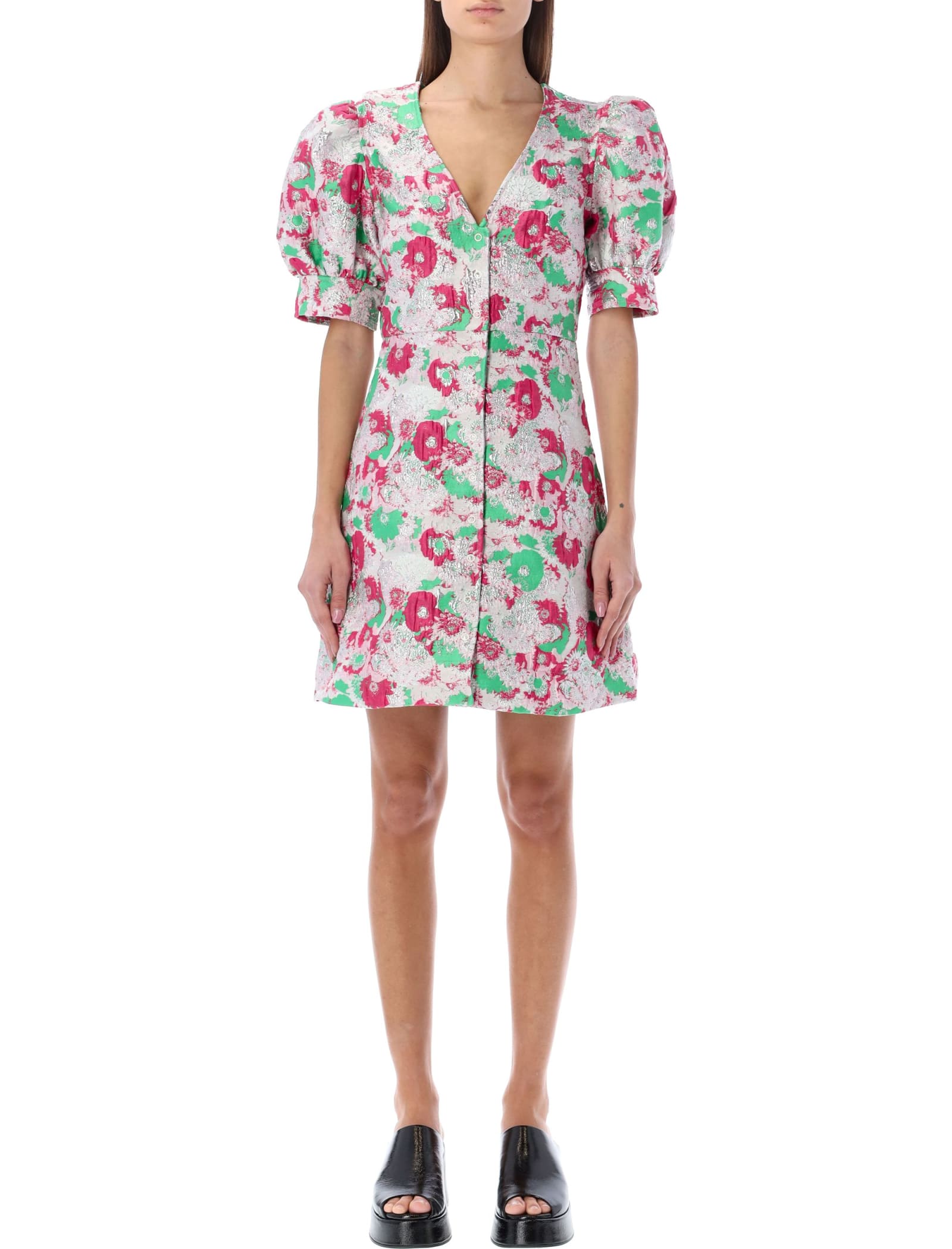 Ganni Multicolor Button Down Mini Dress With 3d Jacquard Floreal Motif In Floral