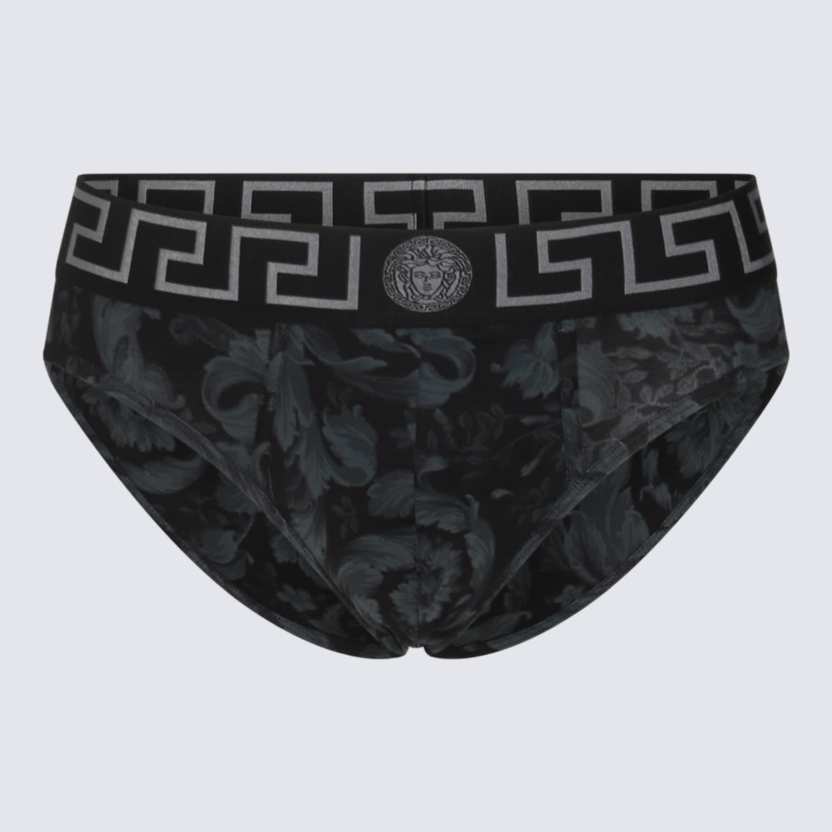 Versace Baroque-print Cotton Briefs In Black+grey