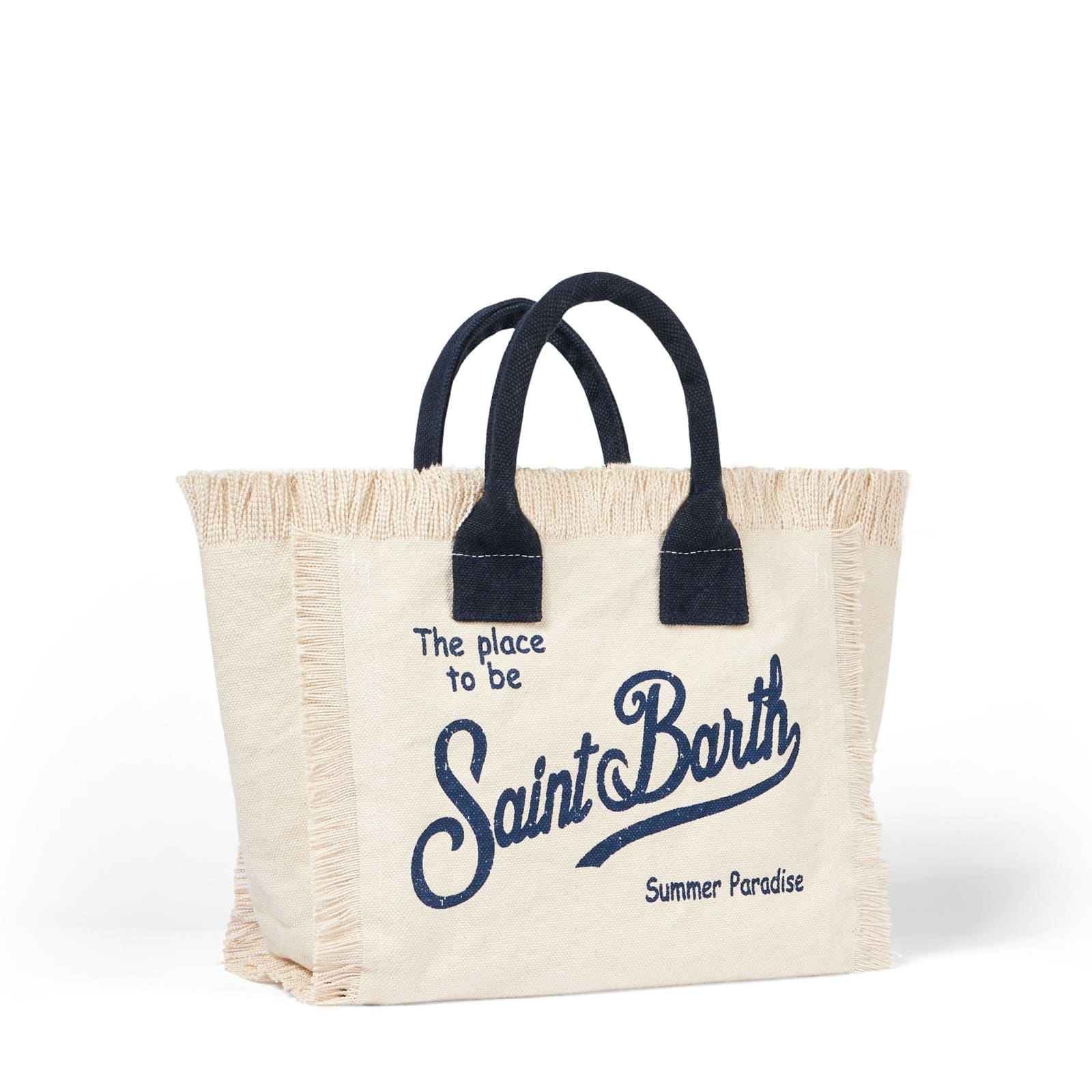 Shop Mc2 Saint Barth Colette White Cotton Canvas Handbag With Blue Navy Logo