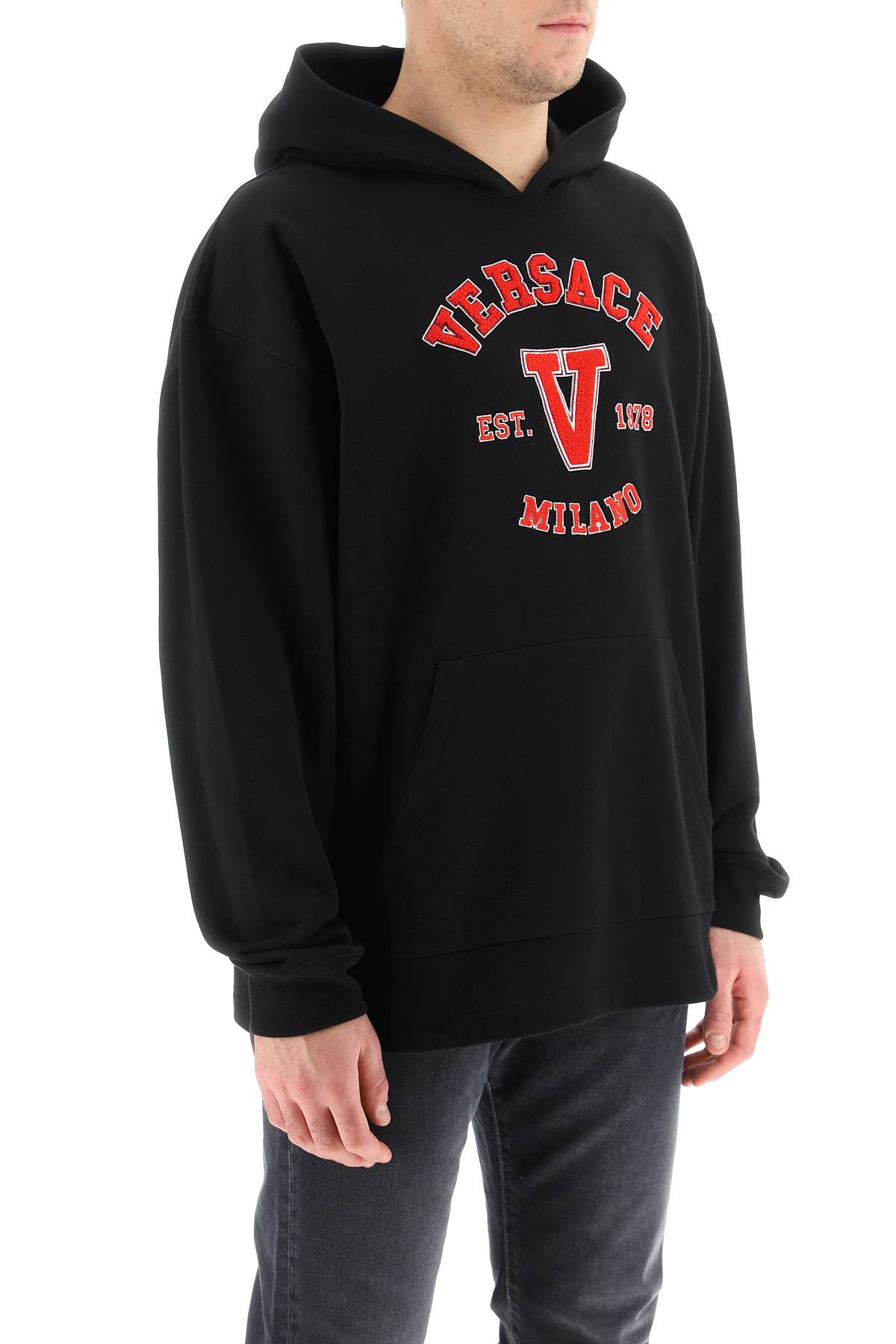 Versace Hooded Cotton Logo Sweatshirt In Black | ModeSens
